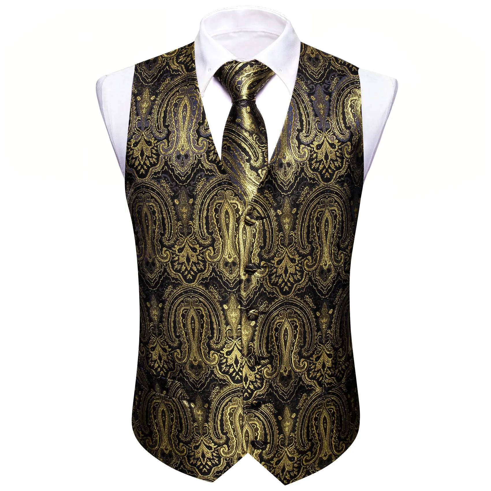 Barry. Wang Mens Gold Vest Suit 4PCS Silk Paisley Vest Necktie Pocket Square Cufflinks Set Business Woven Waistcoat for Suit Tuxedo sold by Barrywang product image thumbnail 2