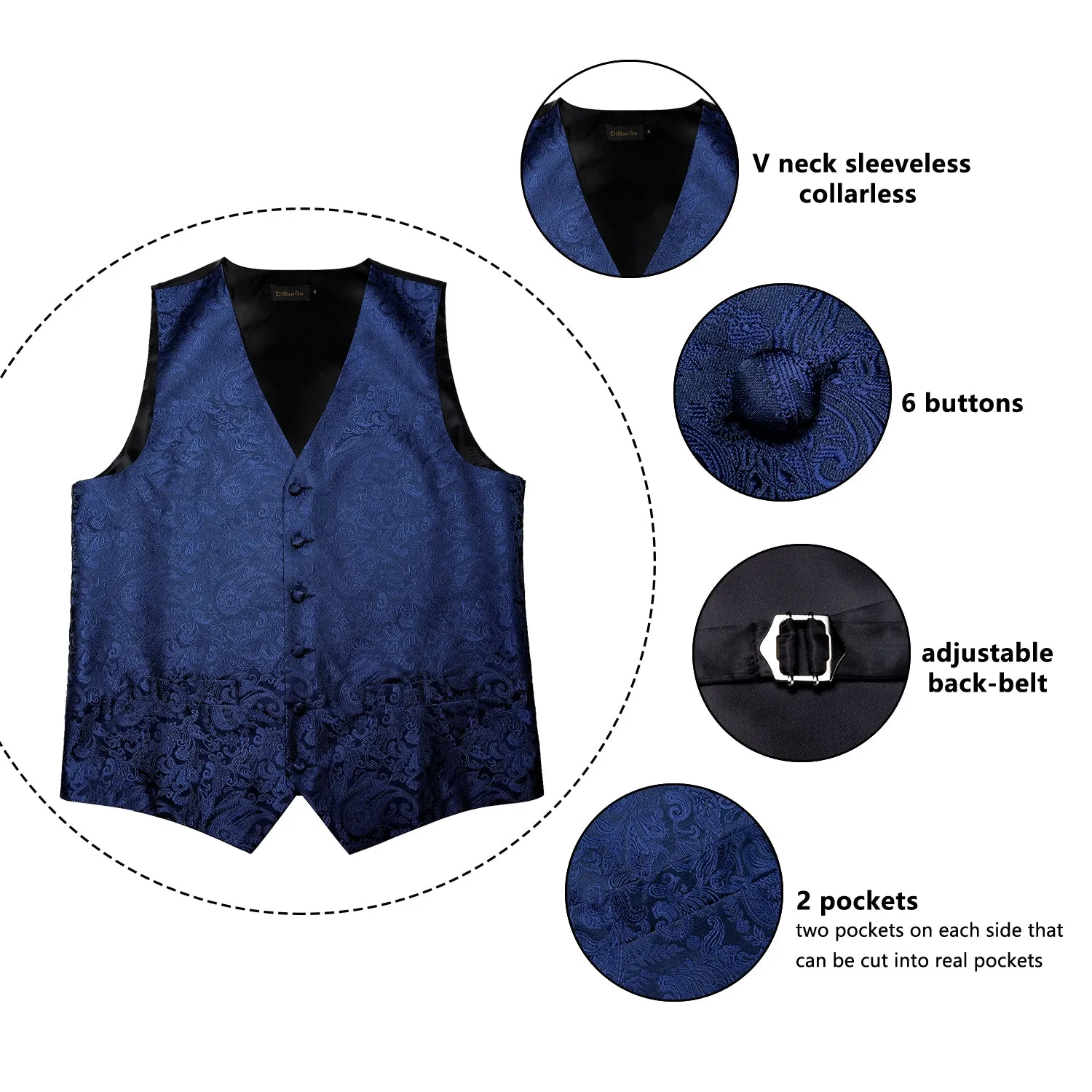 Barry. Wang Mens Navy Blue Vest Suit 4PCS Silk Paisley Vest Bowtie Hanky Cufflinks Set Business Woven Waistcoat for Suit Tuxedo sold by Barrywang product image thumbnail 4