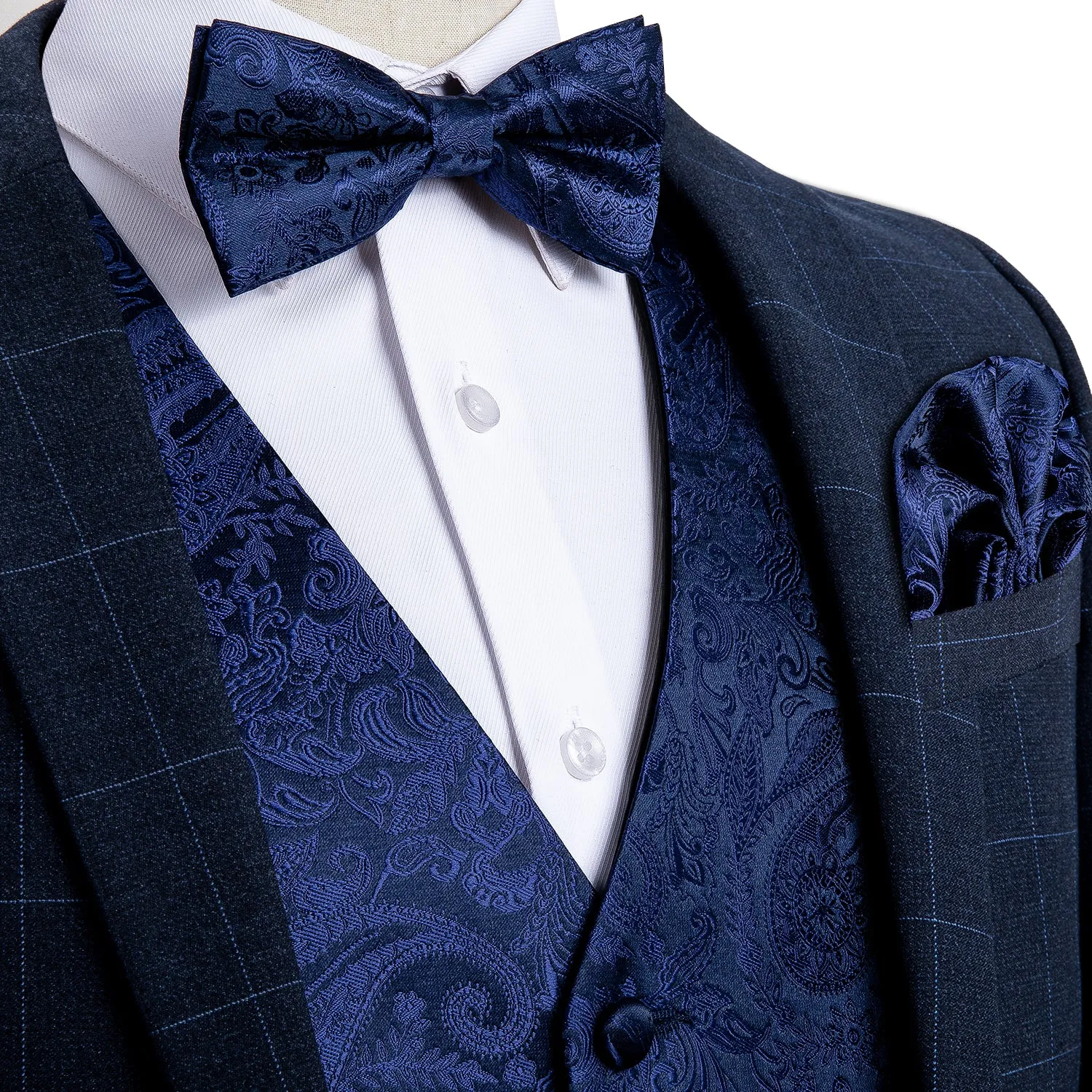 Barry. Wang Mens Navy Blue Vest Suit 4PCS Silk Paisley Vest Bowtie Hanky Cufflinks Set Business Woven Waistcoat for Suit Tuxedo sold by Barrywang