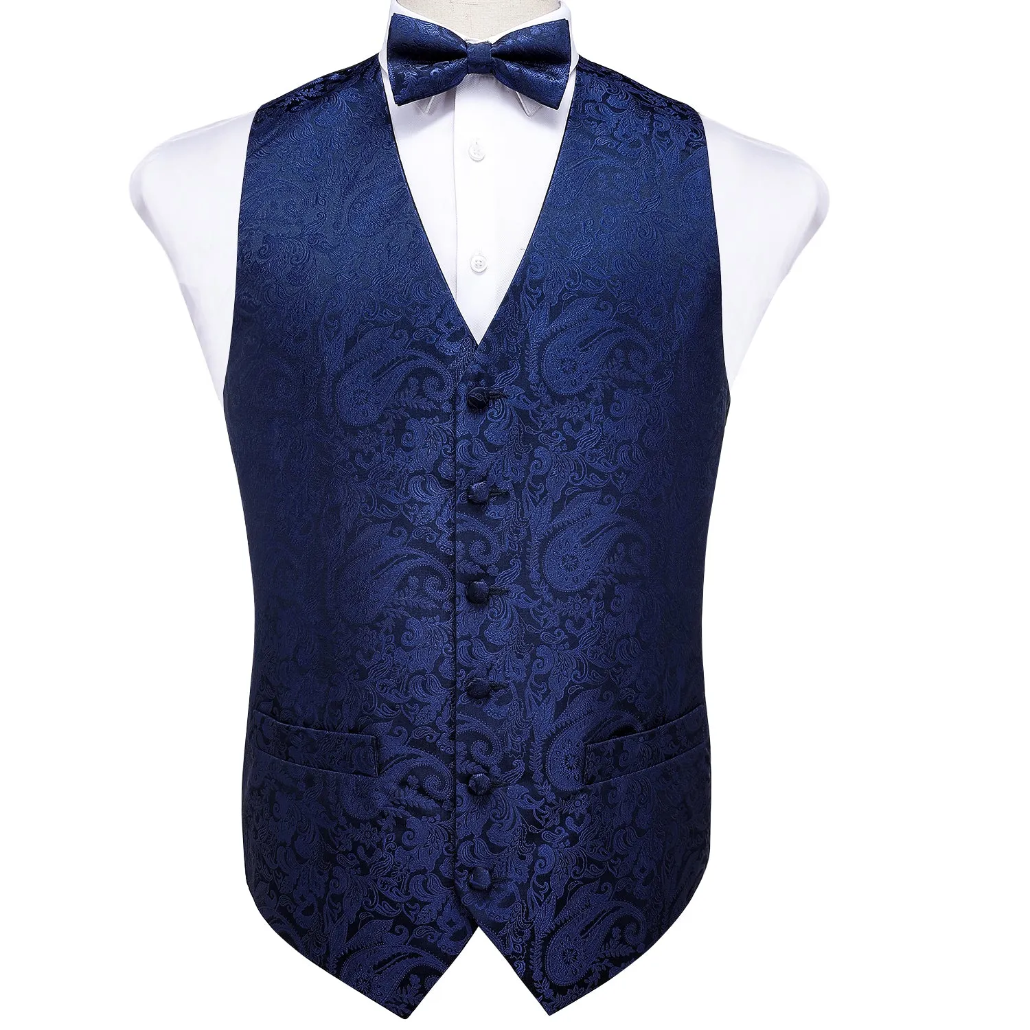 Barry. Wang Mens Navy Blue Vest Suit 4PCS Silk Paisley Vest Bowtie Hanky Cufflinks Set Business Woven Waistcoat for Suit Tuxedo sold by Barrywang product image thumbnail 3