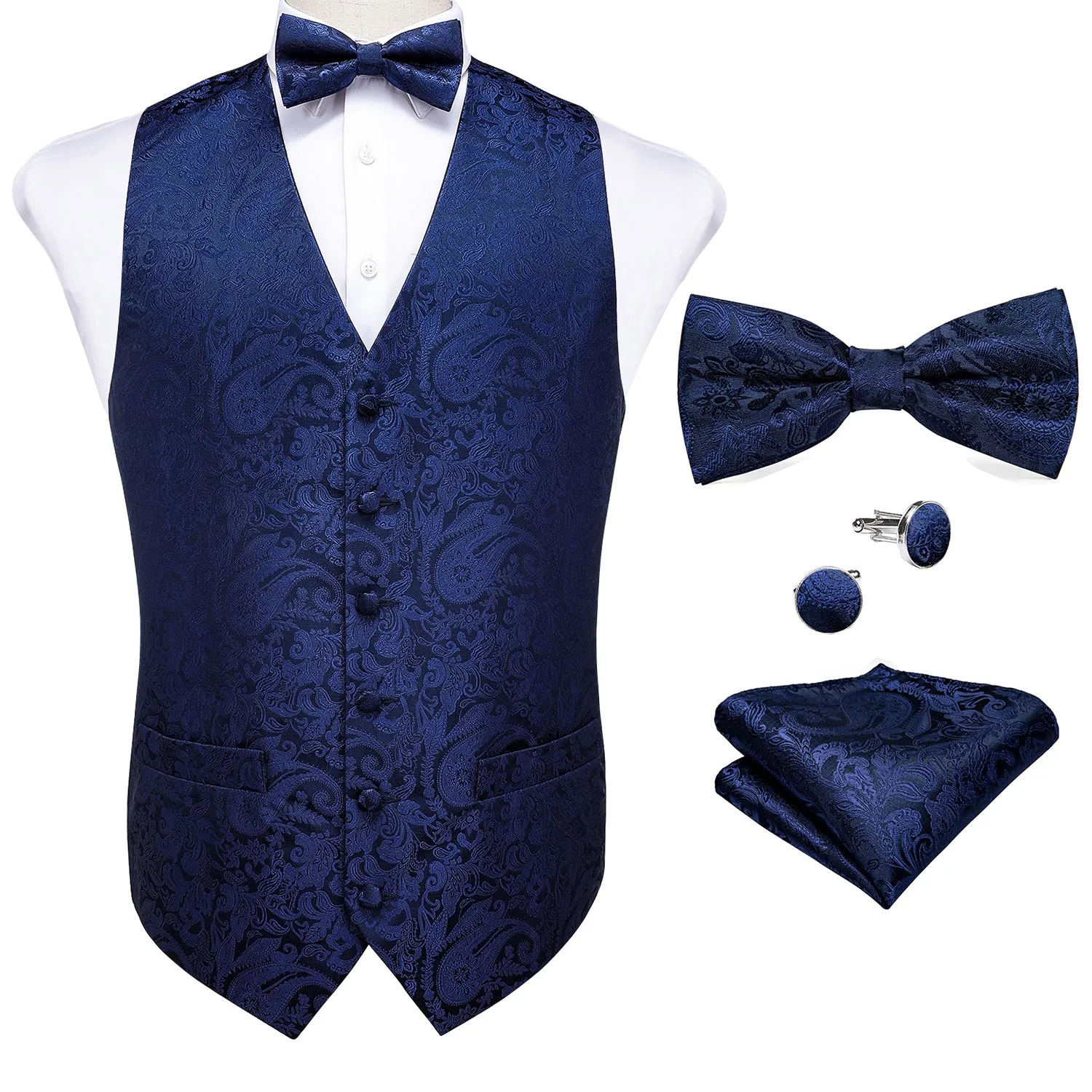 Barry. Wang Mens Navy Blue Vest Suit 4PCS Silk Paisley Vest Bowtie Hanky Cufflinks Set Business Woven Waistcoat for Suit Tuxedo sold by Barrywang product image thumbnail 2