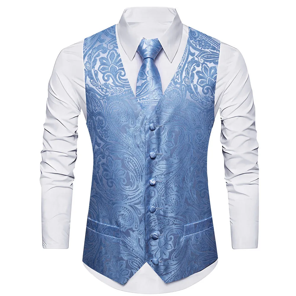 Barry. Wang Mens Sky Blue Suit Waistcoat Silk Floral Jacquard Dress Vest Necktie Pocket Square Set for Wedding Party sold by Barrywang product image thumbnail 4