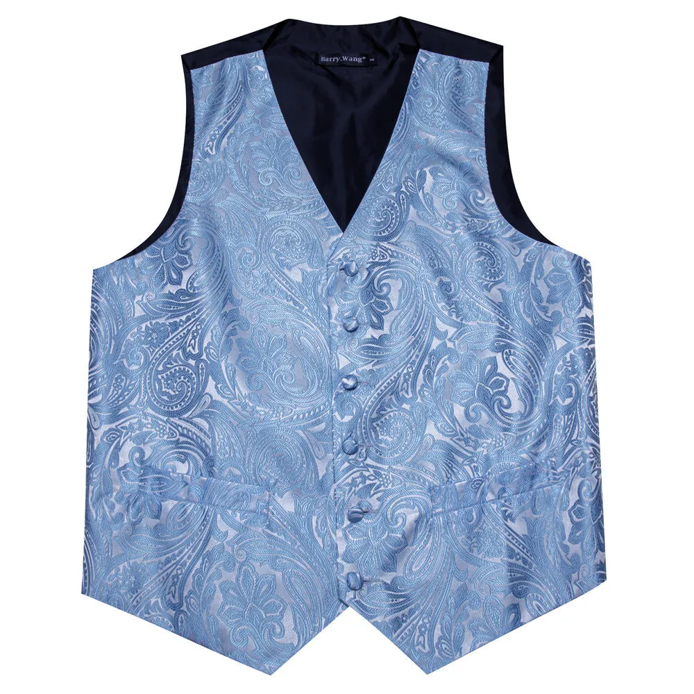 Barry. Wang Mens Sky Blue Suit Waistcoat Silk Floral Jacquard Dress Vest Necktie Pocket Square Set for Wedding Party sold by Barrywang product image thumbnail 5
