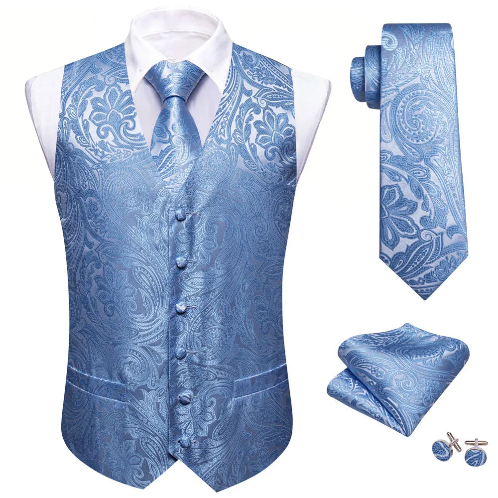 Barry. Wang Mens Sky Blue Suit Waistcoat Silk Floral Jacquard Dress Vest Necktie Pocket Square Set for Wedding Party sold by Barrywang product image thumbnail 2