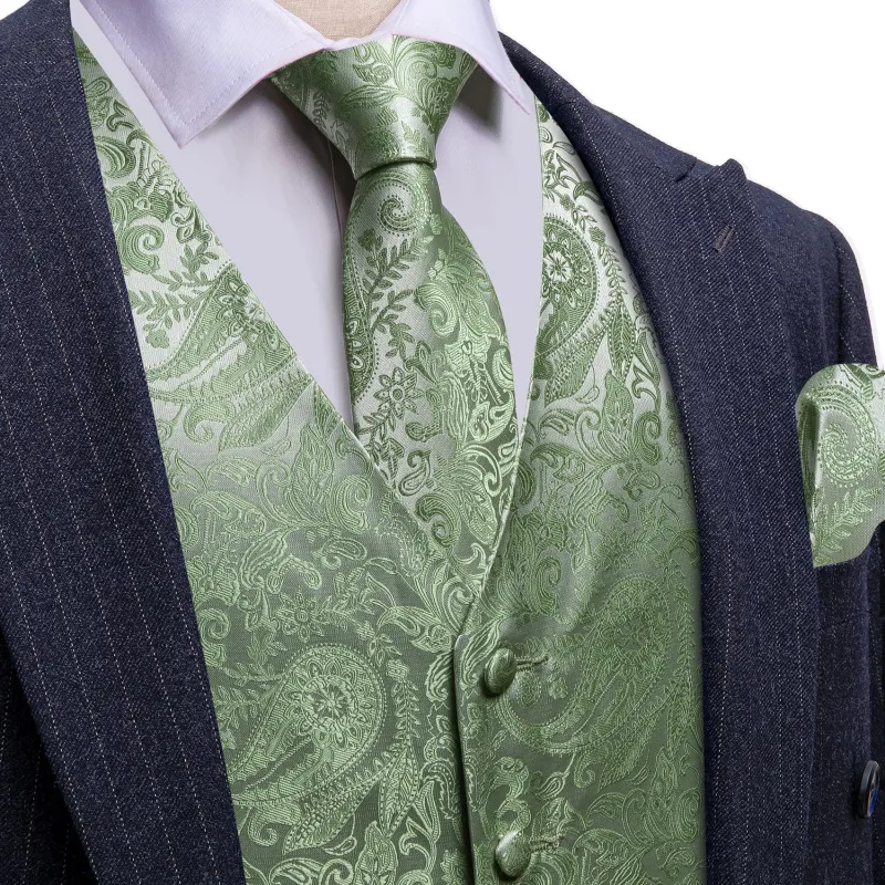 Barry. Wang Mens Sage Green Suit Waistcoat Silk Floral Jacquard Dress Vest Necktie Pocket Square Set for Wedding Party sold by Barrywang