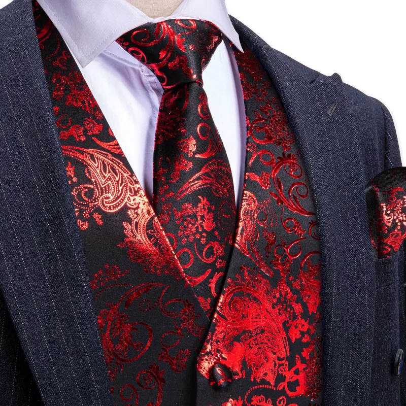 Barry. Wang Mens Suit Vest Black Red Floral Jacquared Formal Dress Waistcoat Necktie Pocket Square Cufflinks Set sold by Barrywang