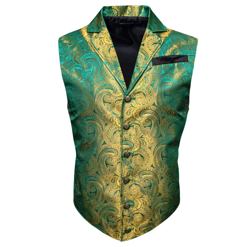 Barry. Wang Mens Victorian Vest Steampunk Gothic Gold Teal Blue Paisley Floral Tailored Collar Waistcoat For Tuxedo Wedding Party Business sold by Barrywang