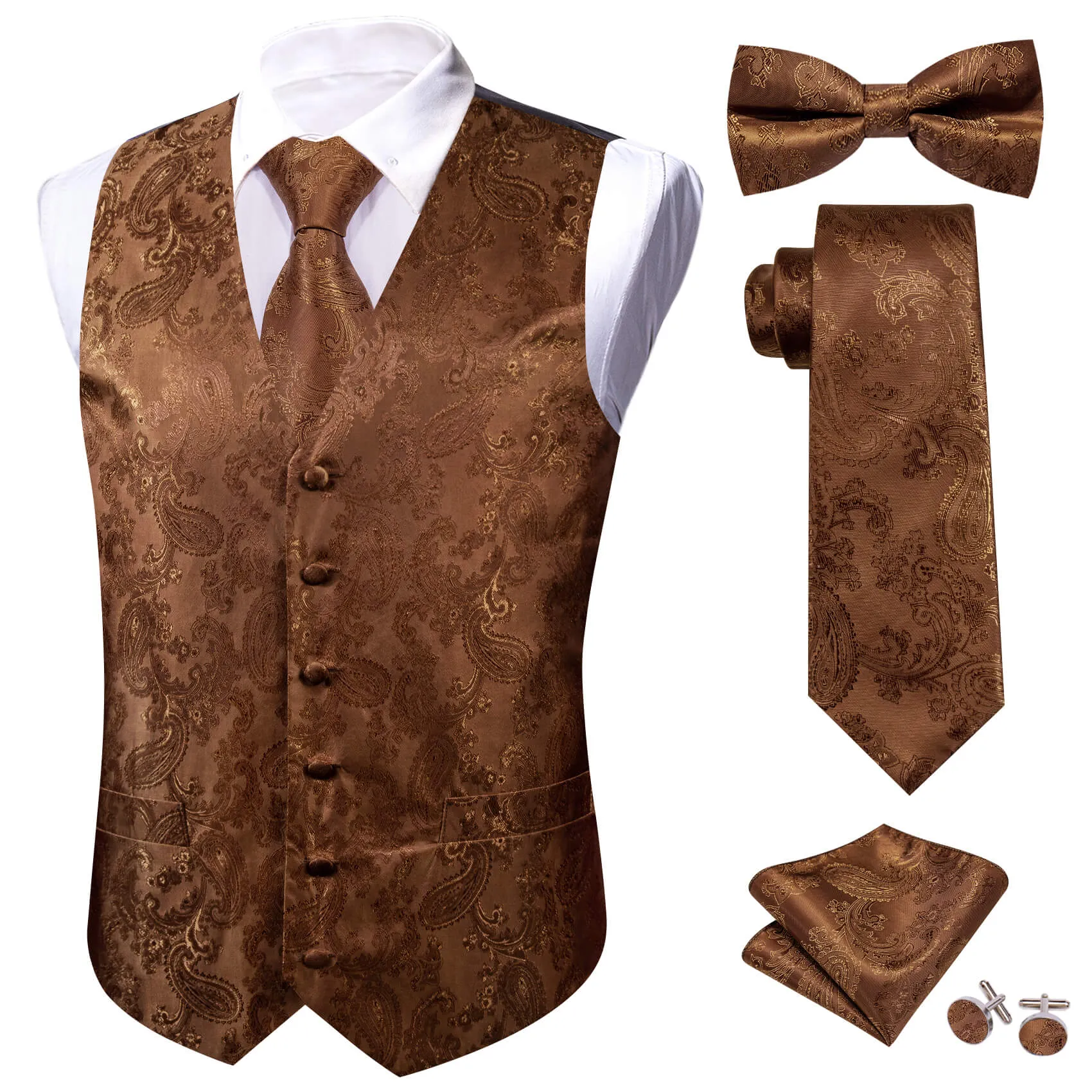 Barry. Wang Mens Brown Suit Vest Paisley Jacquared Formal Dress Waistcoat Necktie Pocket Square Cufflinks Set sold by Barrywang product image thumbnail 4