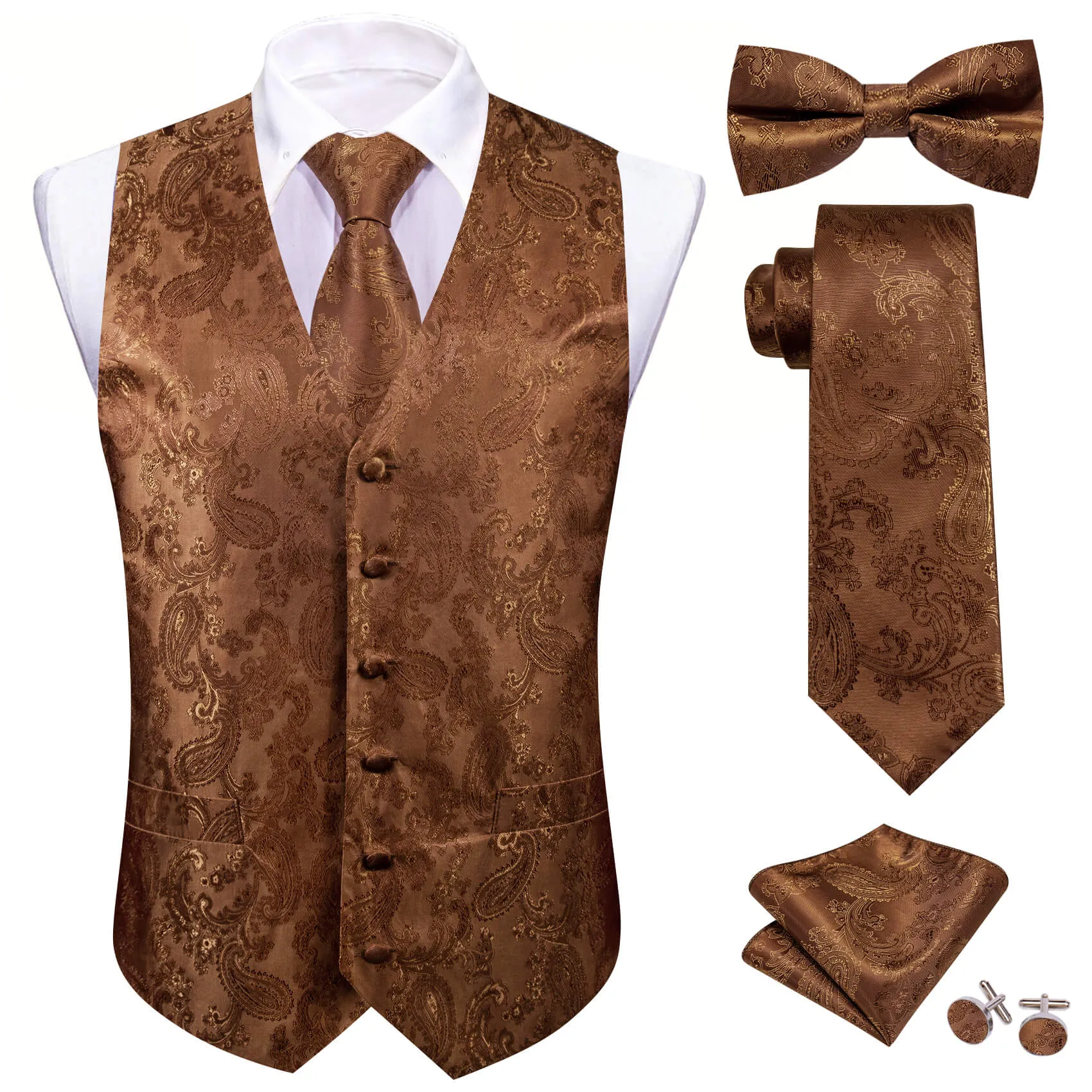 Barry. Wang Mens Brown Suit Vest Paisley Jacquared Formal Dress Waistcoat Necktie Pocket Square Cufflinks Set sold by Barrywang product image thumbnail 2