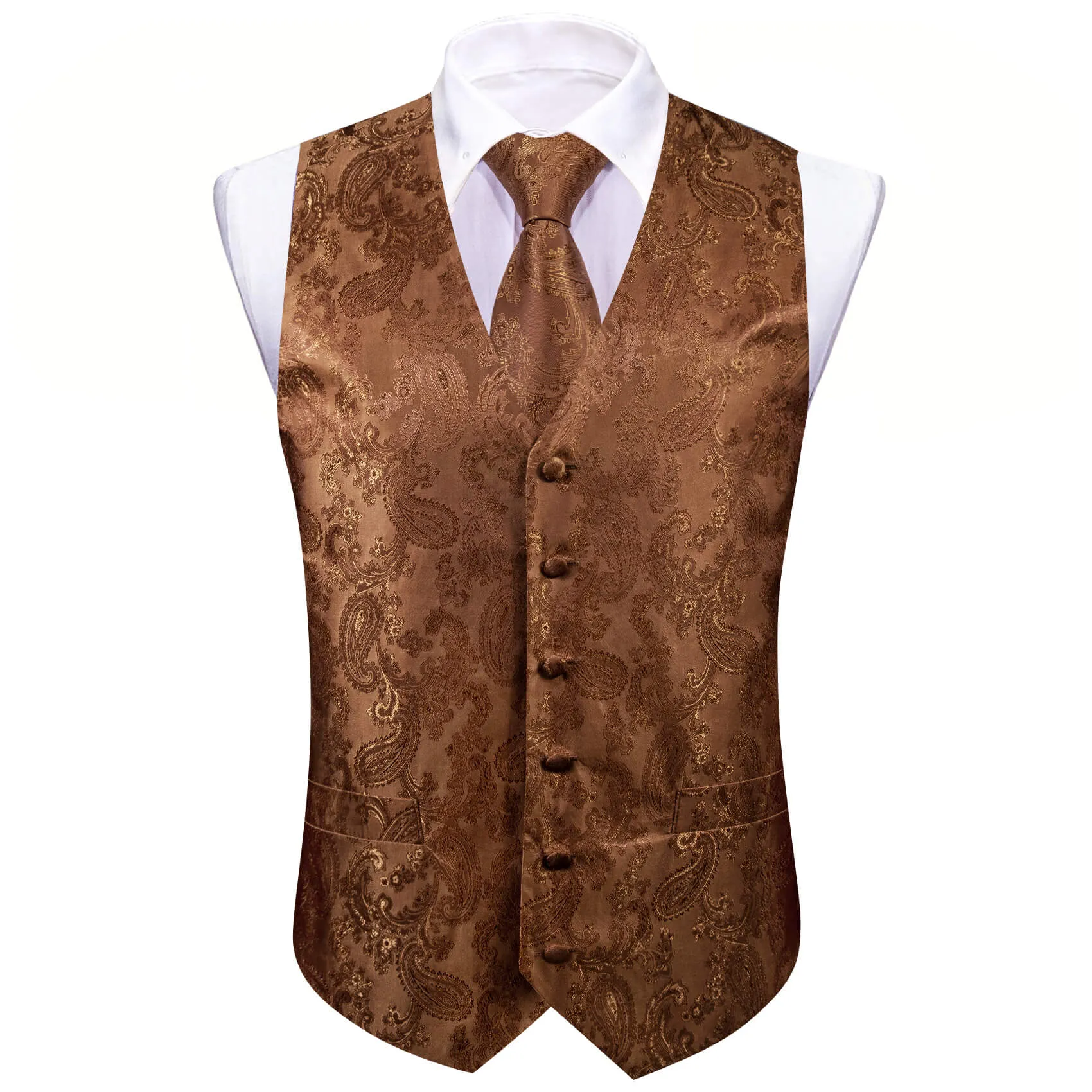 Barry. Wang Mens Brown Suit Vest Paisley Jacquared Formal Dress Waistcoat Necktie Pocket Square Cufflinks Set sold by Barrywang
