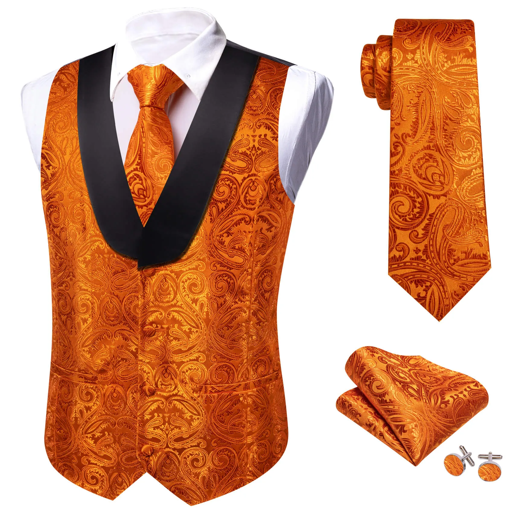 Barry. Wang Mens Orange Suit Vest Silk Paisley Jacauard Shawl Collar Waistcoat Necktie Handkerchief Cufflinks Set Wedding Vest for Tuxedo sold by Barrywang product image thumbnail 4