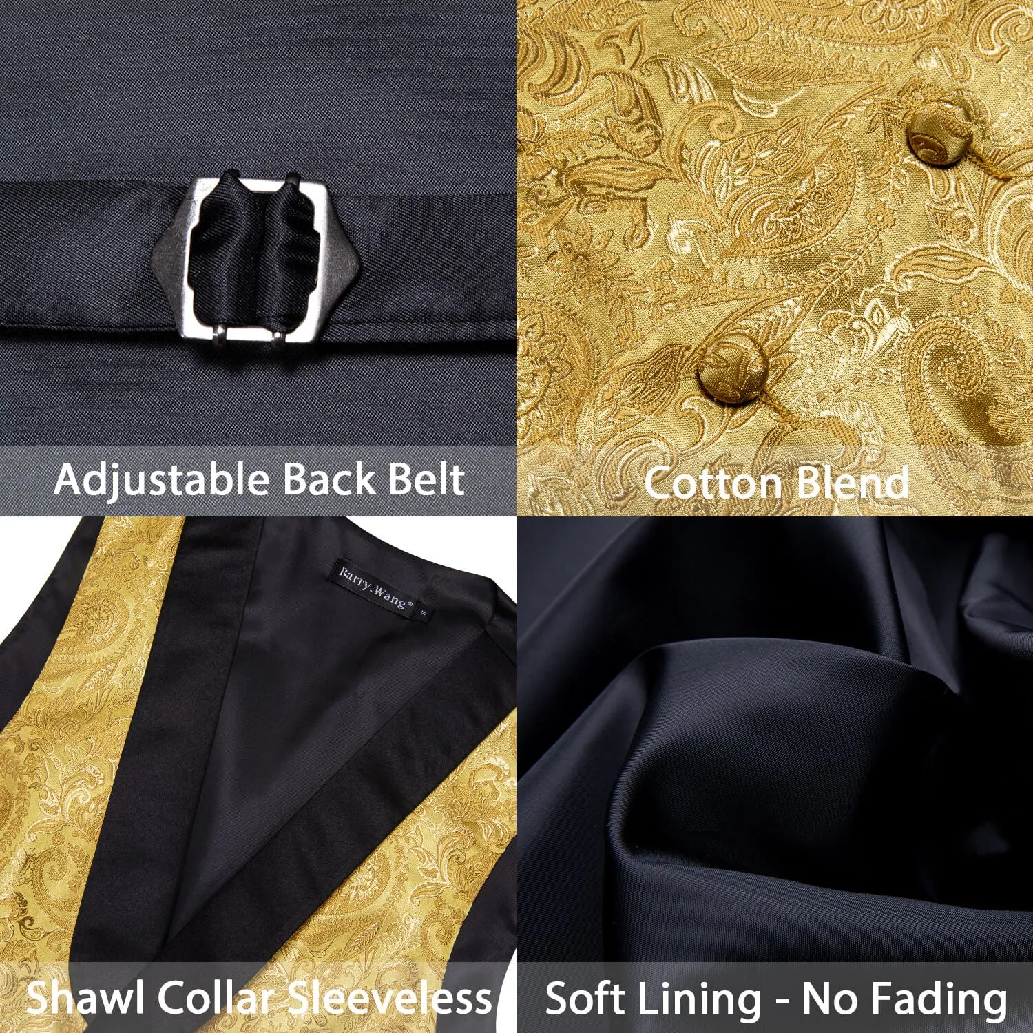 Barry. Wang Mens Gold Suit Vest Silk Paisley Jacauard Shawl Collar Waistcoat Necktie Handkerchief Cufflinks Set Wedding Vest for Tuxedo sold by Barrywang product image thumbnail 5