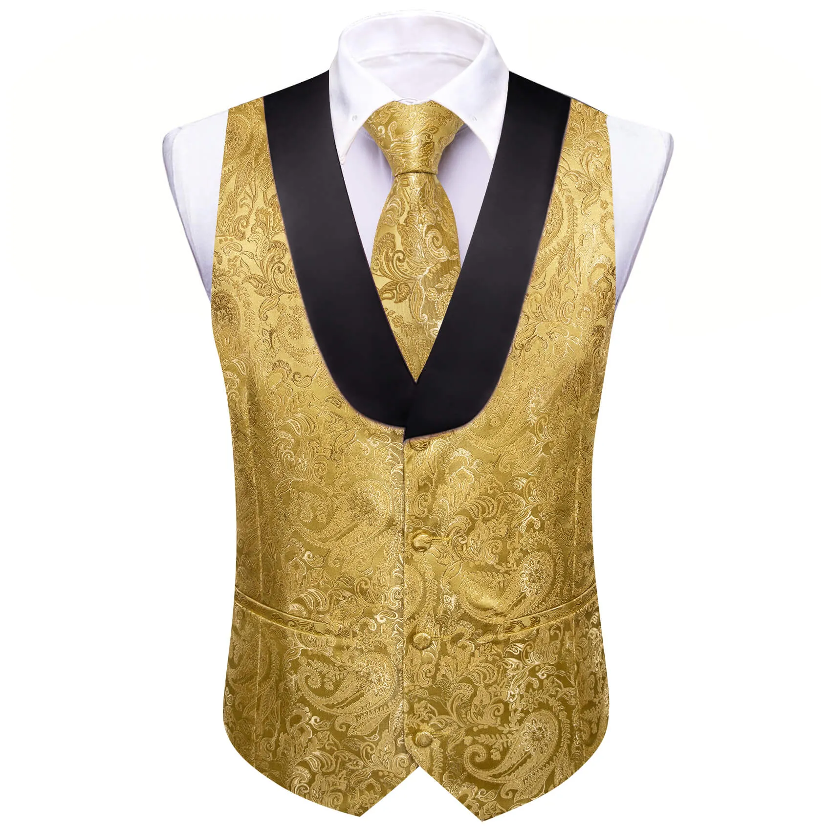 Barry. Wang Mens Gold Suit Vest Silk Paisley Jacauard Shawl Collar Waistcoat Necktie Handkerchief Cufflinks Set Wedding Vest for Tuxedo sold by Barrywang product image thumbnail 3