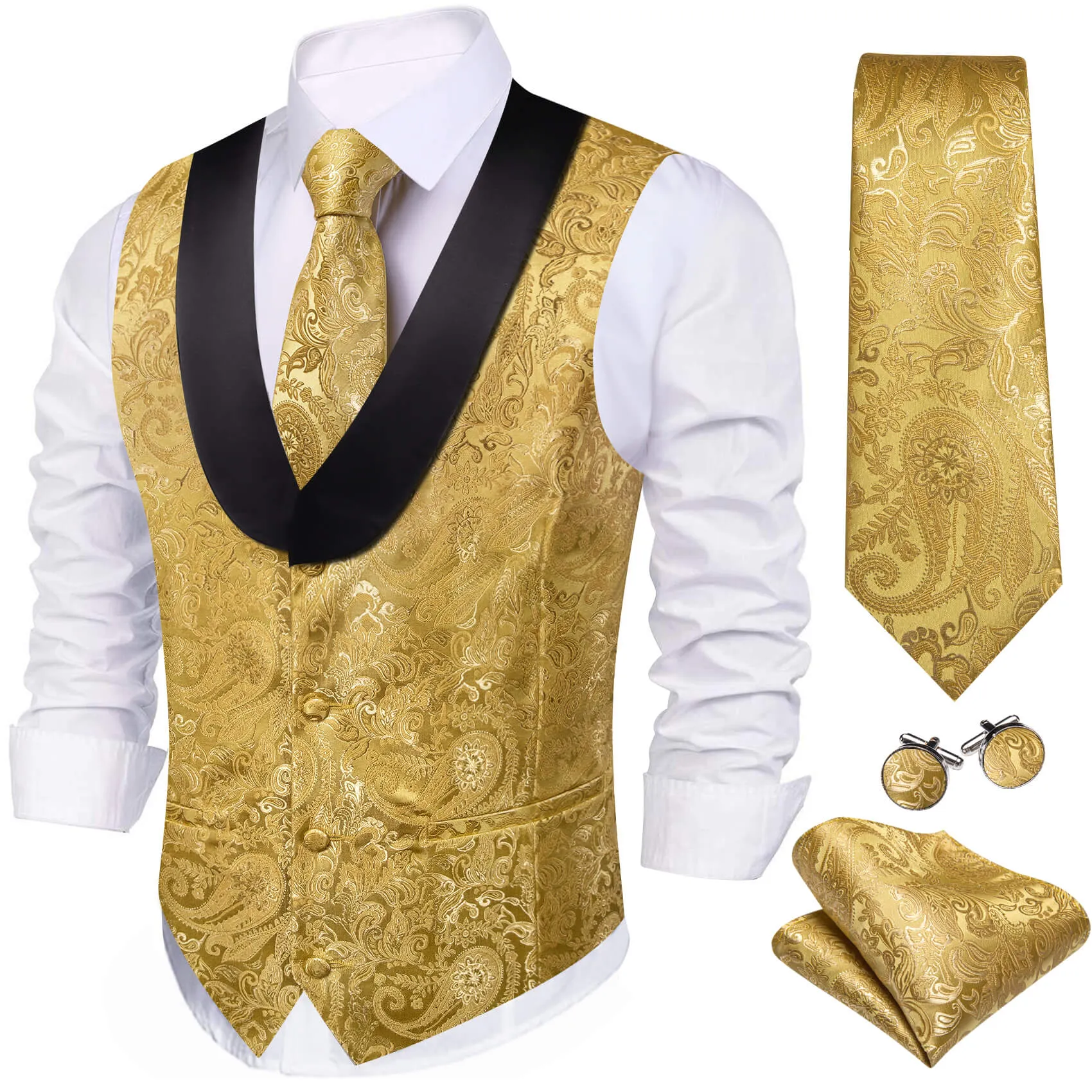 Barry. Wang Mens Gold Suit Vest Silk Paisley Jacauard Shawl Collar Waistcoat Necktie Handkerchief Cufflinks Set Wedding Vest for Tuxedo sold by Barrywang product image thumbnail 2