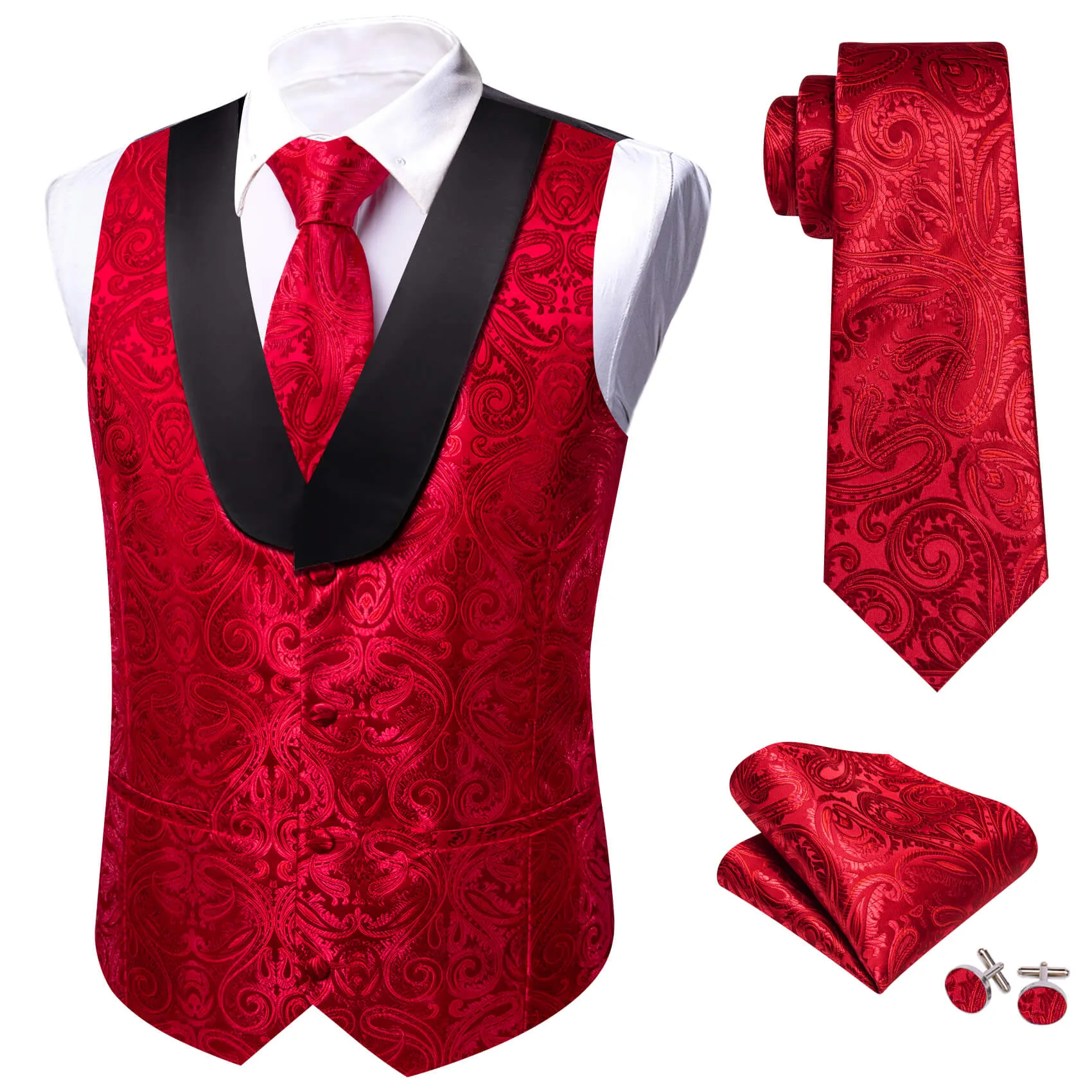 Barry. Wang Mens Red Suit Vest Silk Paisley Jacauard Shawl Collar Waistcoat Necktie Handkerchief Cufflinks Set Wedding Vest for Tuxedo sold by Barrywang product image thumbnail 4