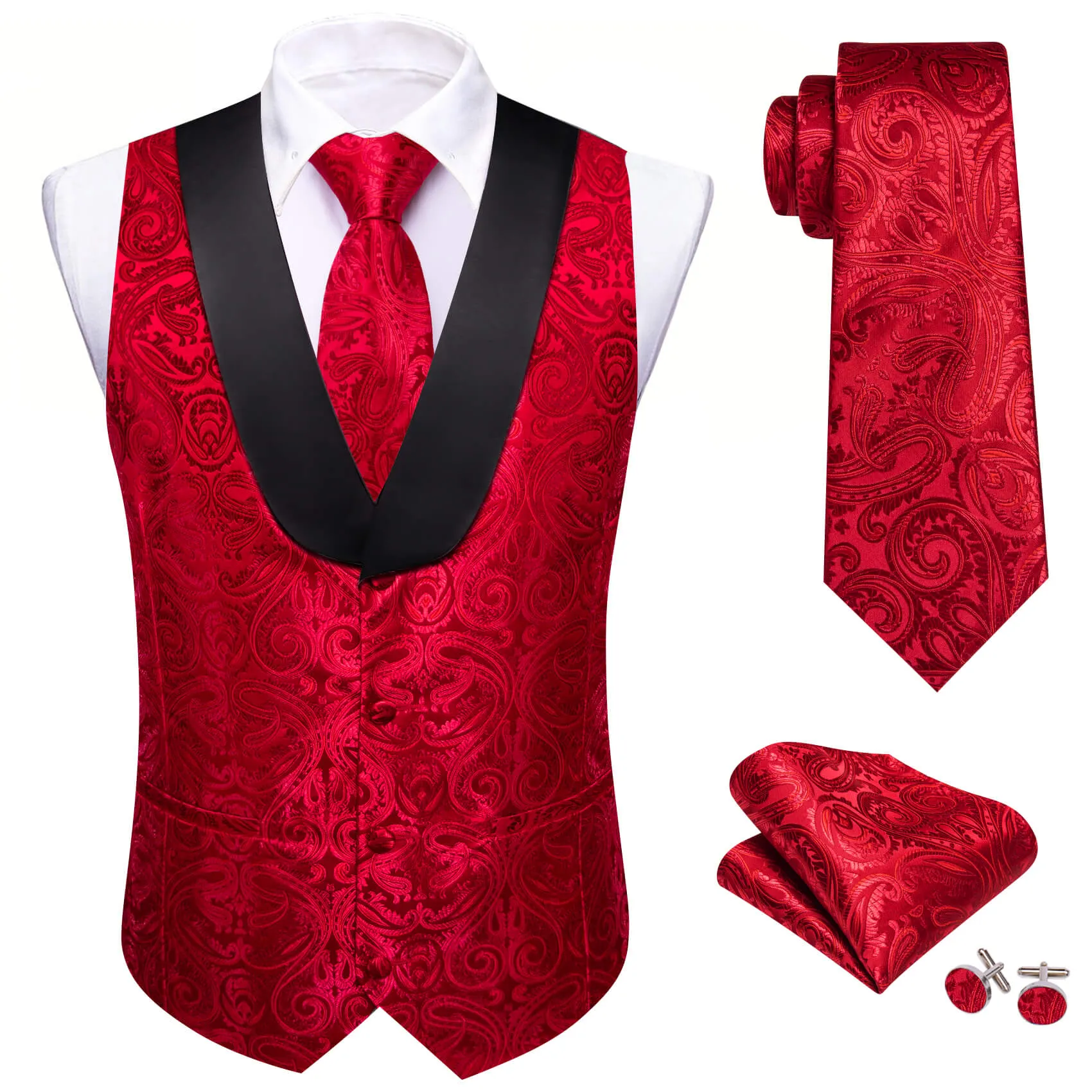 Barry. Wang Mens Red Suit Vest Silk Paisley Jacauard Shawl Collar Waistcoat Necktie Handkerchief Cufflinks Set Wedding Vest for Tuxedo sold by Barrywang product image thumbnail 3