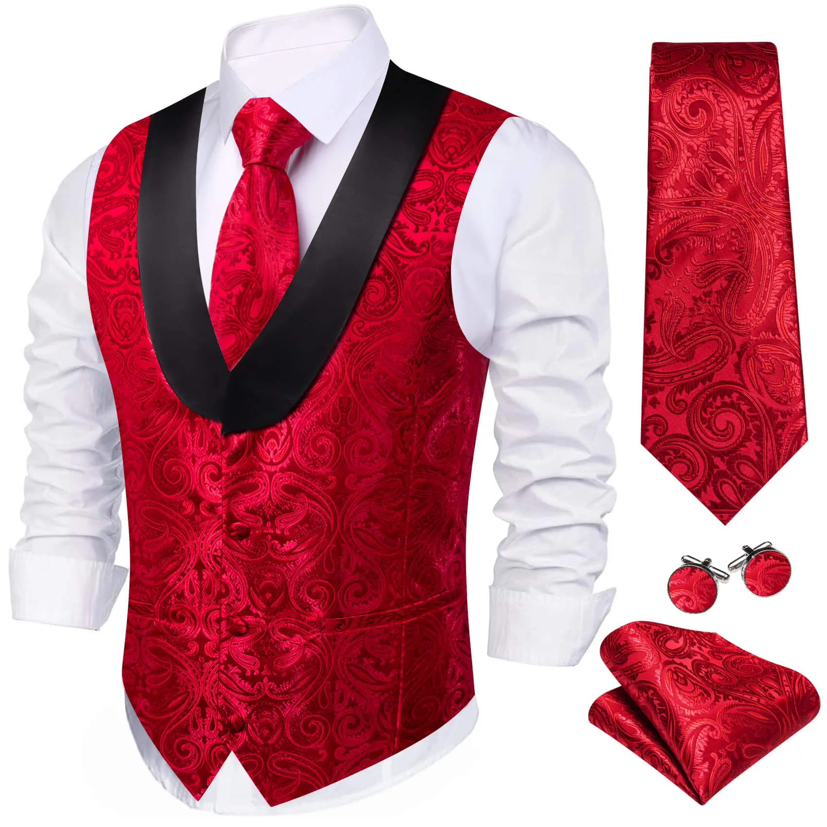 Barry. Wang Mens Red Suit Vest Silk Paisley Jacauard Shawl Collar Waistcoat Necktie Handkerchief Cufflinks Set Wedding Vest for Tuxedo sold by Barrywang product image thumbnail 2