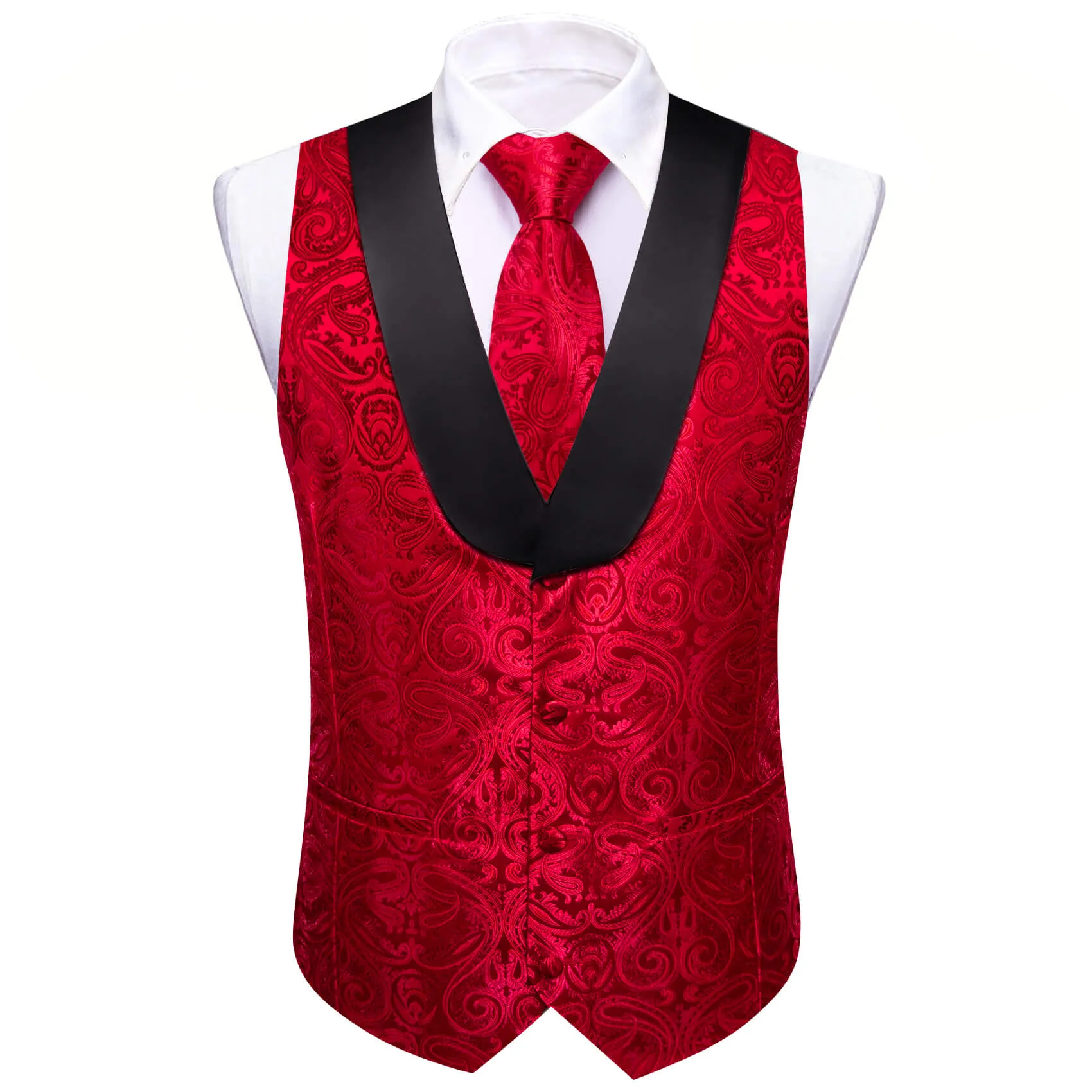 Barry. Wang Mens Red Suit Vest Silk Paisley Jacauard Shawl Collar Waistcoat Necktie Handkerchief Cufflinks Set Wedding Vest for Tuxedo sold by Barrywang product image thumbnail 5