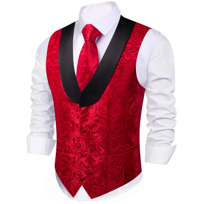 Barry. Wang Mens Red Suit Vest Silk Paisley Jacauard Shawl Collar Waistcoat Necktie Handkerchief Cufflinks Set Wedding Vest for Tuxedo sold by Barrywang