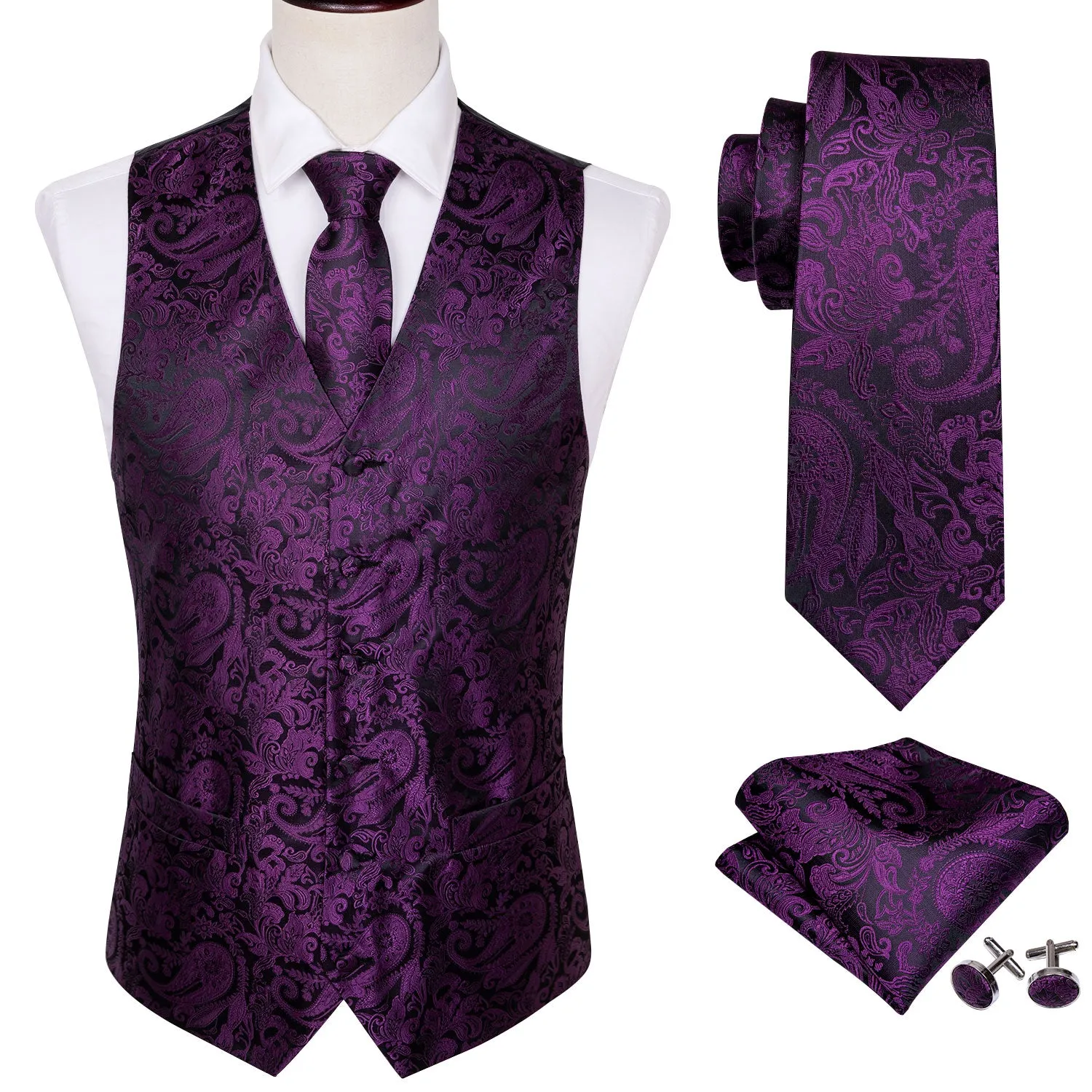 Barry. Wang Purple Mens Suit Vest Paisley Floral Jacquard Formal Waistcoat Pocket Square Cufflinks Set for For Tuxedo Wedding Party Business sold by Barrywang product image thumbnail 4