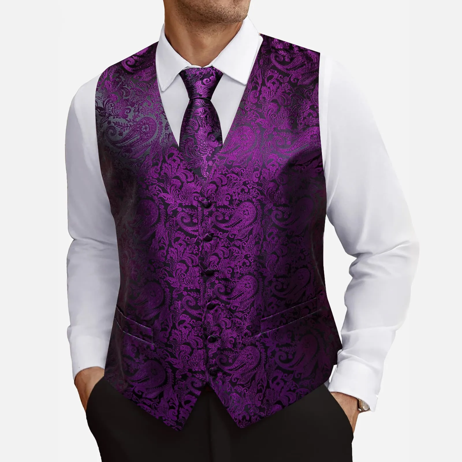 Barry. Wang Purple Mens Suit Vest Paisley Floral Jacquard Formal Waistcoat Pocket Square Cufflinks Set for For Tuxedo Wedding Party Business sold by Barrywang product image thumbnail 2