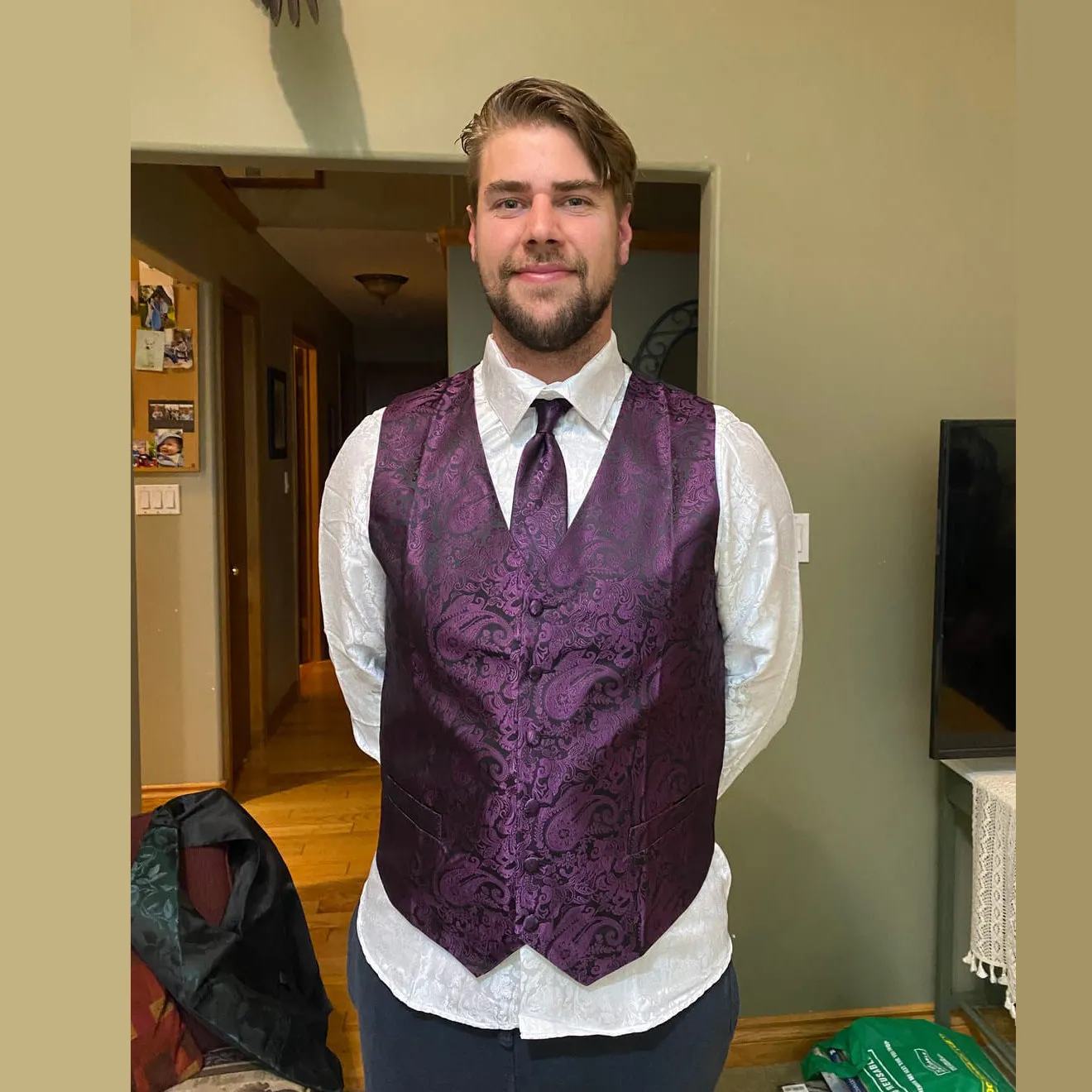 Barry. Wang Purple Mens Suit Vest Paisley Floral Jacquard Formal Waistcoat Pocket Square Cufflinks Set for For Tuxedo Wedding Party Business sold by Barrywang product image thumbnail 3