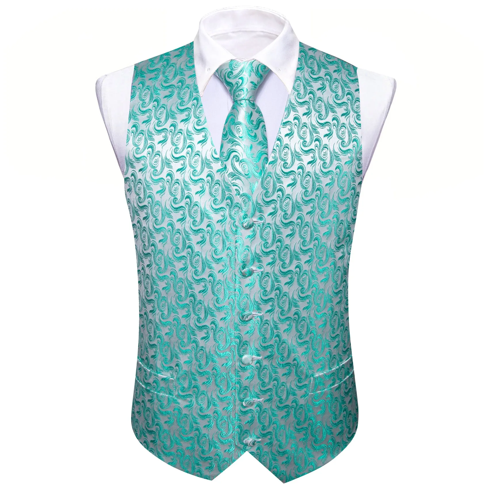 Barry. Wang Mens Teal Blue Suit Vest Wedding Floral Jacquard Waistcoat Silk Business Casual Vest Necktie Pocket Square Set sold by Barrywang product image thumbnail 3