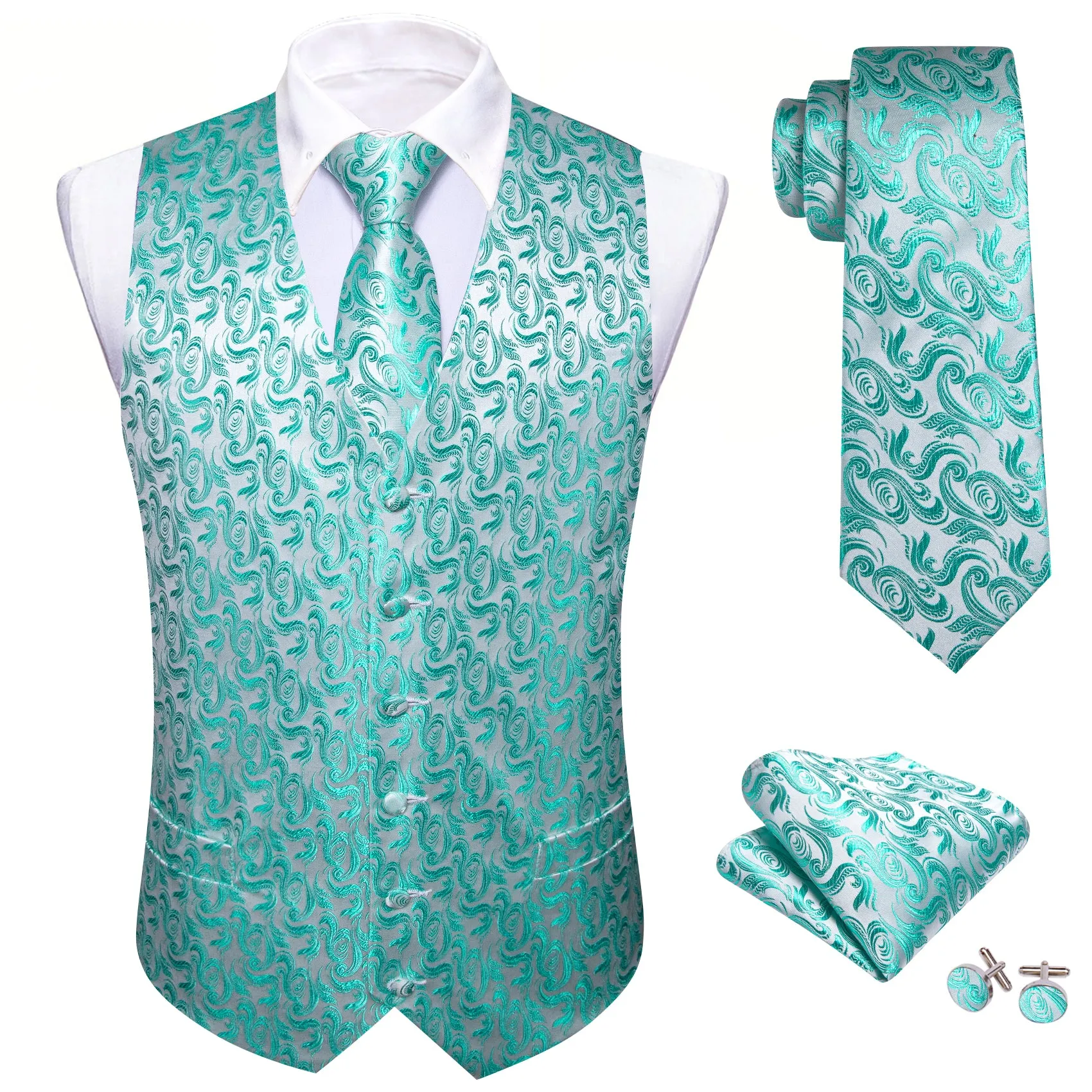 Barry. Wang Mens Teal Blue Suit Vest Wedding Floral Jacquard Waistcoat Silk Business Casual Vest Necktie Pocket Square Set sold by Barrywang product image thumbnail 5