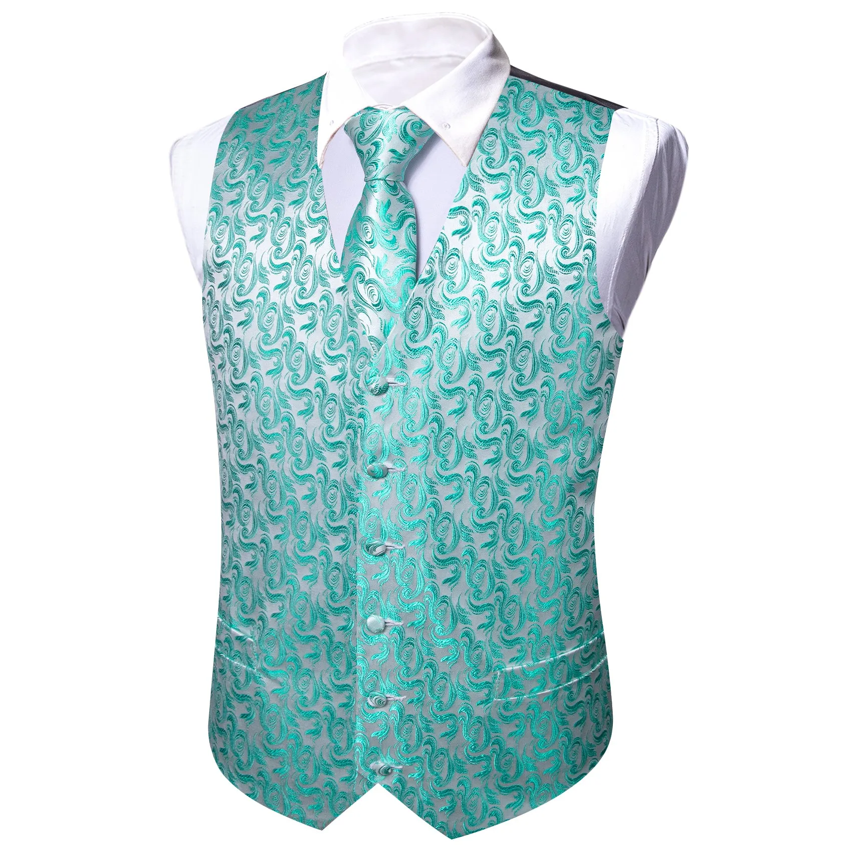 Barry. Wang Mens Teal Blue Suit Vest Wedding Floral Jacquard Waistcoat Silk Business Casual Vest Necktie Pocket Square Set sold by Barrywang product image thumbnail 2