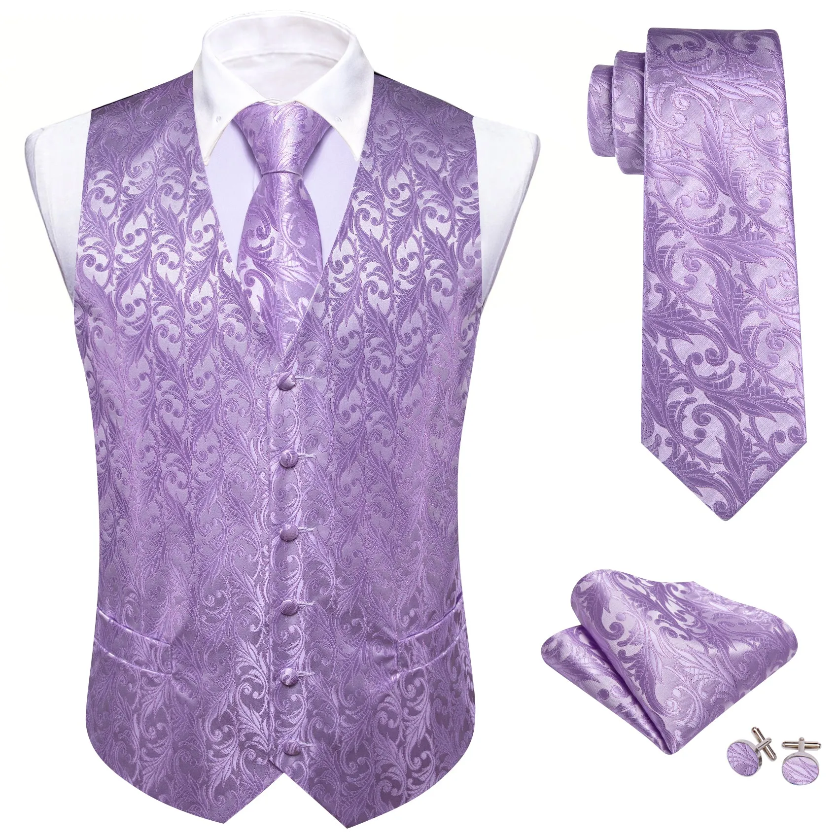 Barry. Wang Mens Lavender Suit Vest Silk Floral Jacquard Dress Waistcoat Necktie Pocket Square Set for Wedding Party sold by Barrywang product image thumbnail 2