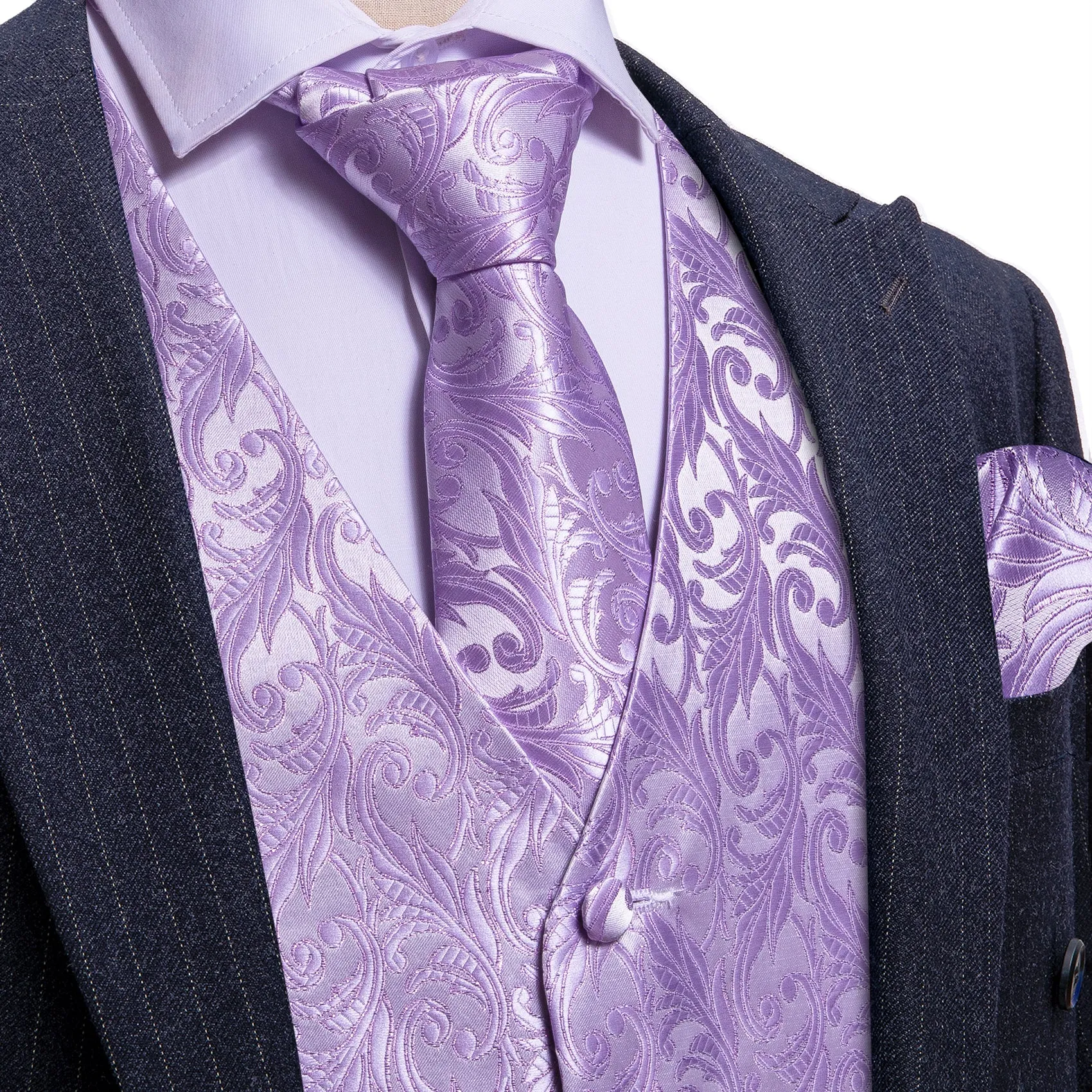 Barry. Wang Mens Lavender Suit Vest Silk Floral Jacquard Dress Waistcoat Necktie Pocket Square Set for Wedding Party sold by Barrywang