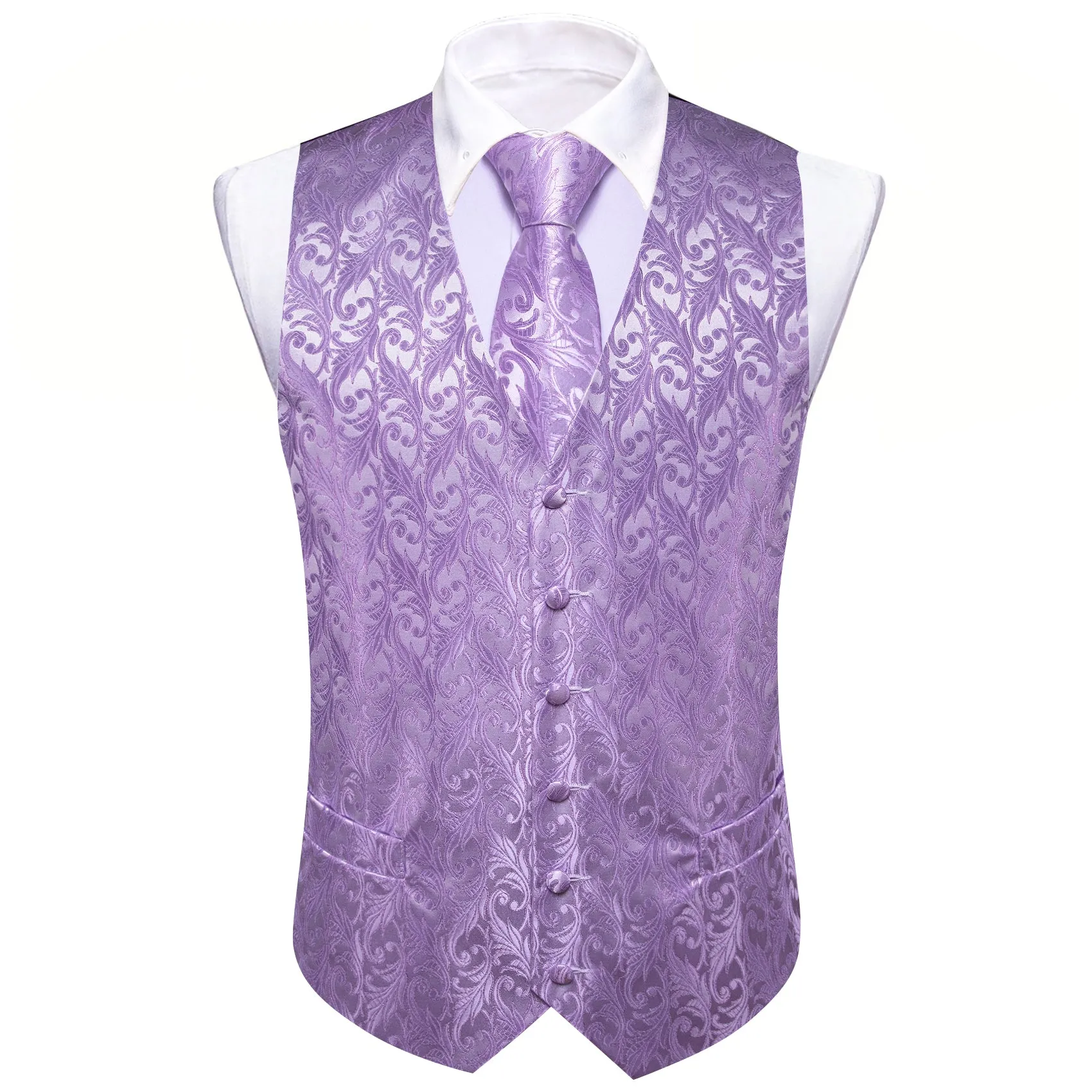 Barry. Wang Mens Lavender Suit Vest Silk Floral Jacquard Dress Waistcoat Necktie Pocket Square Set for Wedding Party sold by Barrywang product image thumbnail 4