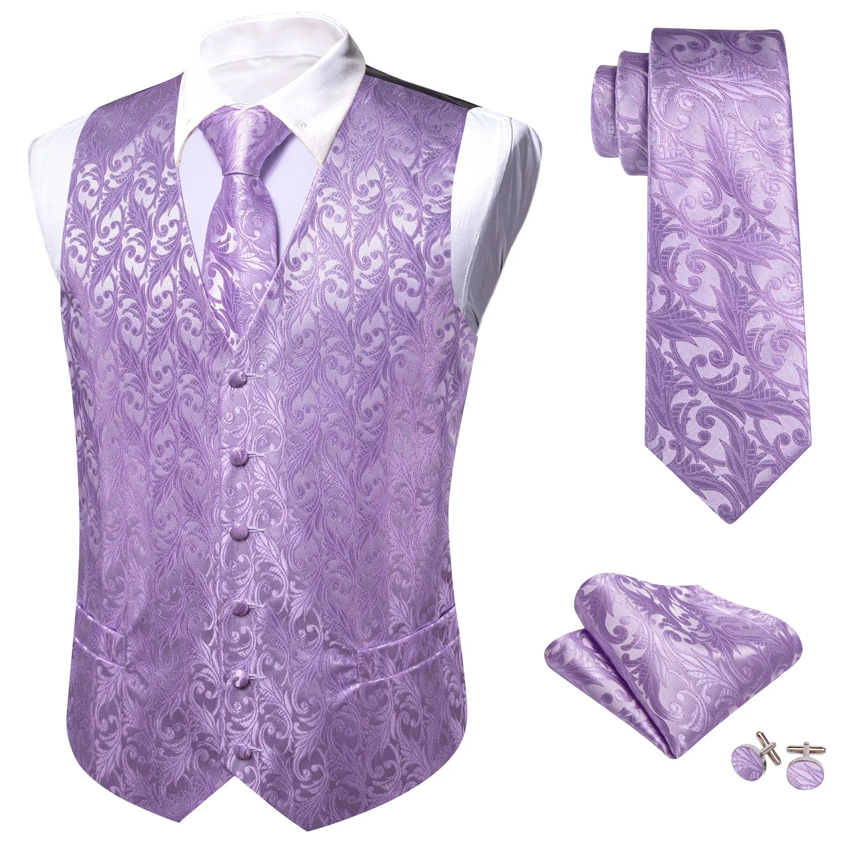 Barry. Wang Mens Lavender Suit Vest Silk Floral Jacquard Dress Waistcoat Necktie Pocket Square Set for Wedding Party sold by Barrywang product image thumbnail 3