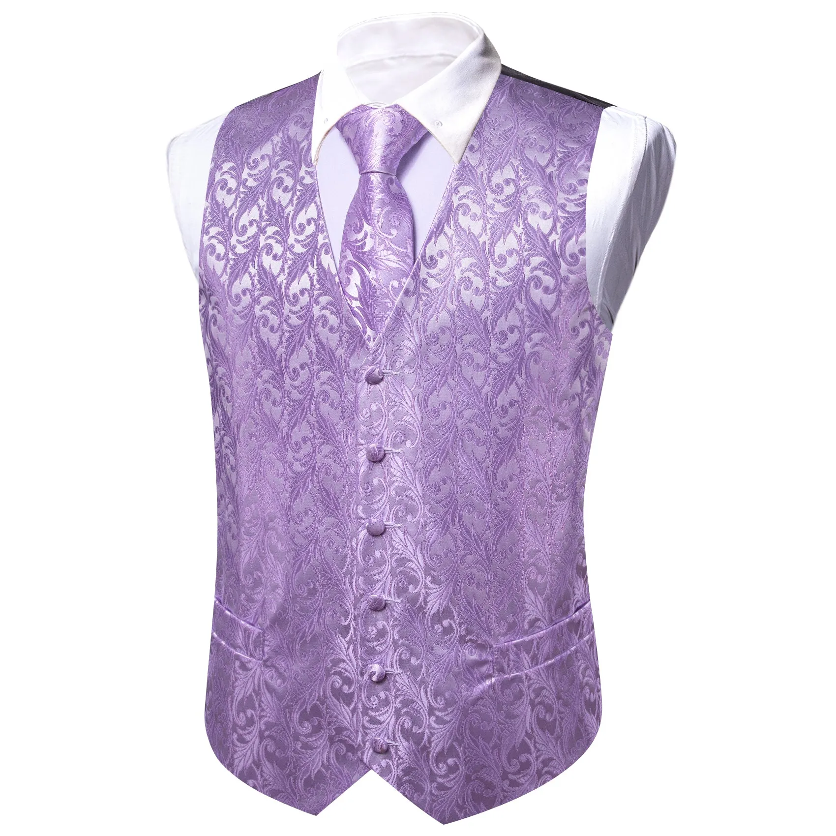 Barry. Wang Mens Lavender Suit Vest Silk Floral Jacquard Dress Waistcoat Necktie Pocket Square Set for Wedding Party sold by Barrywang product image thumbnail 5