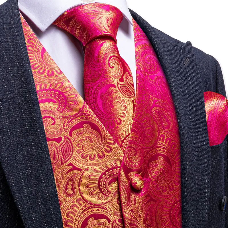 Barry. Wang Formal Men Hot Pink Vest Gold Paisley Jacquard Dress Vest Wedding Suit Waistcoat Necktie Hanky Cufflinks Set 4PCS sold by Barrywang