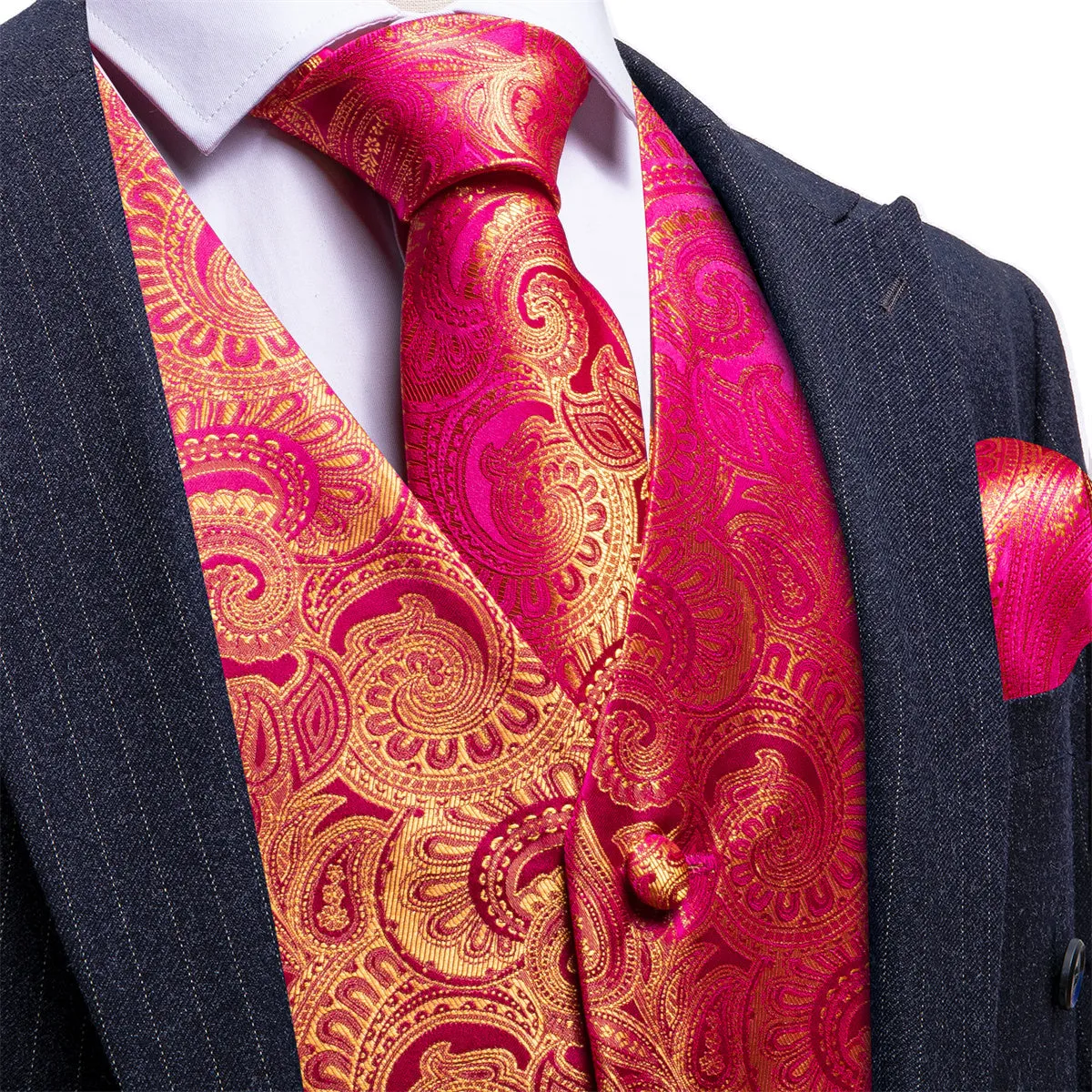 Barry. Wang Formal Men Hot Pink Vest Gold Paisley Jacquard Dress Vest Wedding Suit Waistcoat Necktie Hanky Cufflinks Set 4PCS sold by Barrywang
