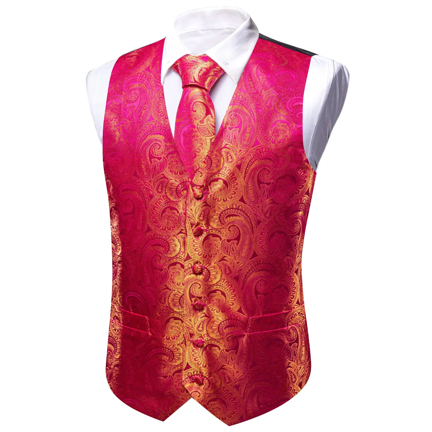 Barry. Wang Formal Men Hot Pink Vest Gold Paisley Jacquard Dress Vest Wedding Suit Waistcoat Necktie Hanky Cufflinks Set 4PCS sold by Barrywang product image thumbnail 3