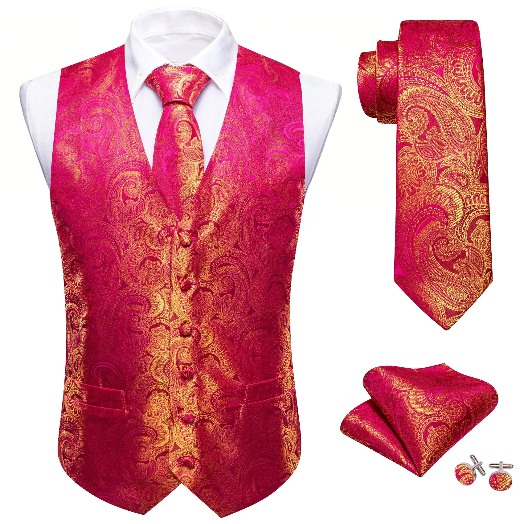 Barry. Wang Formal Men Hot Pink Vest Gold Paisley Jacquard Dress Vest Wedding Suit Waistcoat Necktie Hanky Cufflinks Set 4PCS sold by Barrywang product image thumbnail 5
