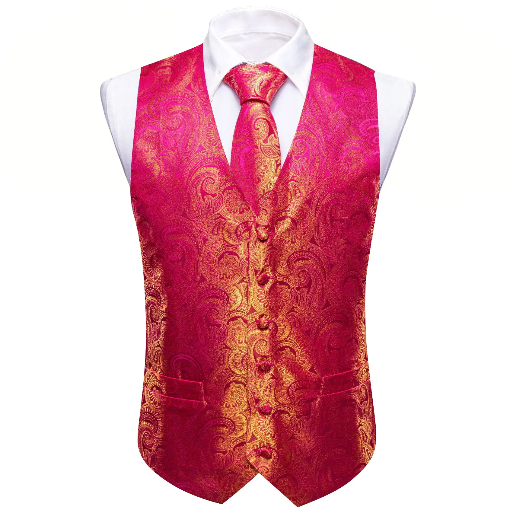 Barry. Wang Formal Men Hot Pink Vest Gold Paisley Jacquard Dress Vest Wedding Suit Waistcoat Necktie Hanky Cufflinks Set 4PCS sold by Barrywang product image thumbnail 2