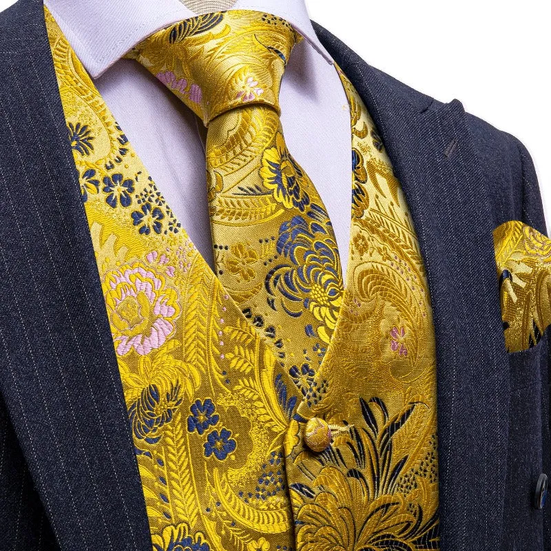 Barry. Wang Formal Men Yellow Vest Paisley Floral Jacquard Dress Vest Wedding Suit Waistcoat Necktie Hanky Cufflinks Set 4PCS sold by Barrywang