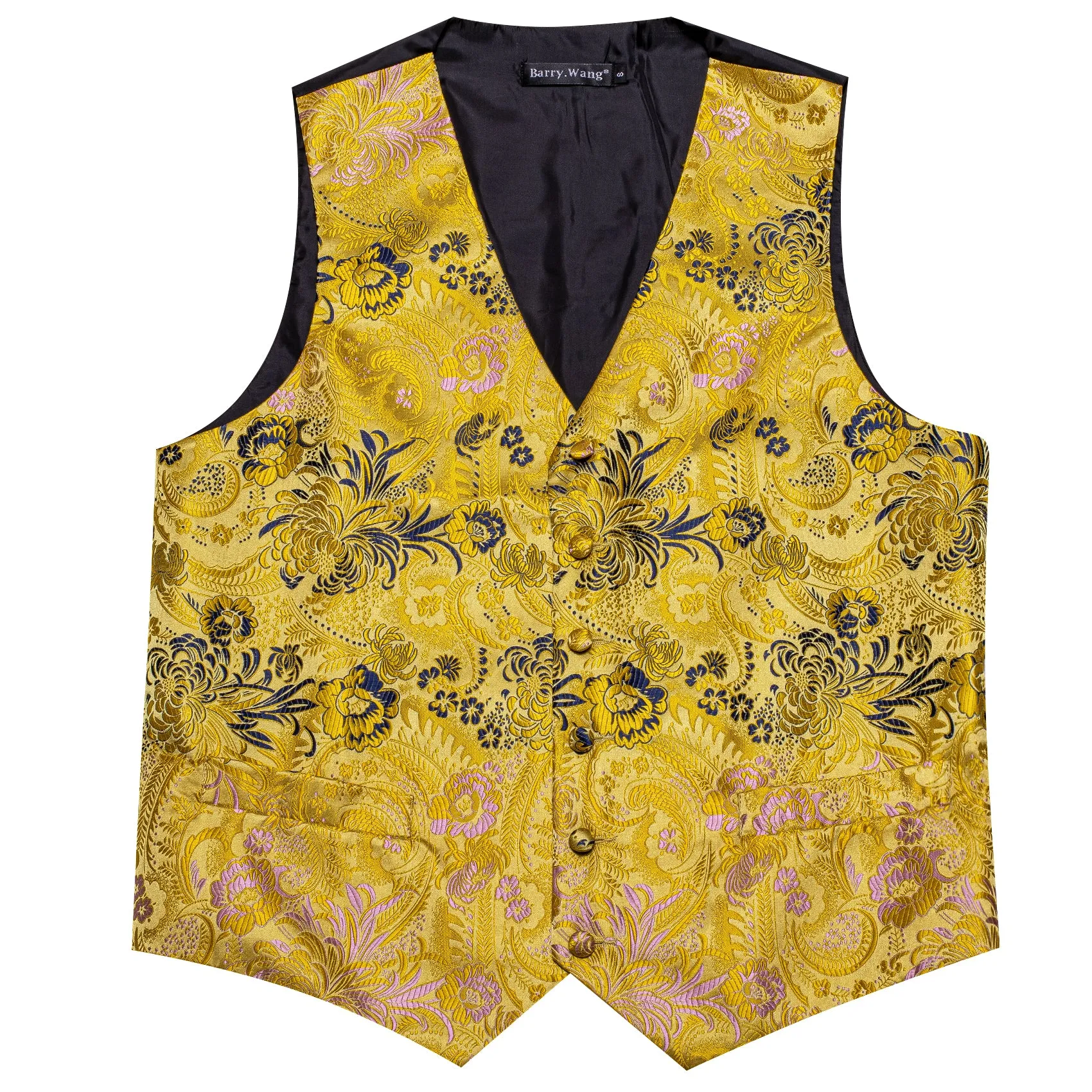 Barry. Wang Formal Men Yellow Vest Paisley Floral Jacquard Dress Vest Wedding Suit Waistcoat Necktie Hanky Cufflinks Set 4PCS sold by Barrywang product image thumbnail 4