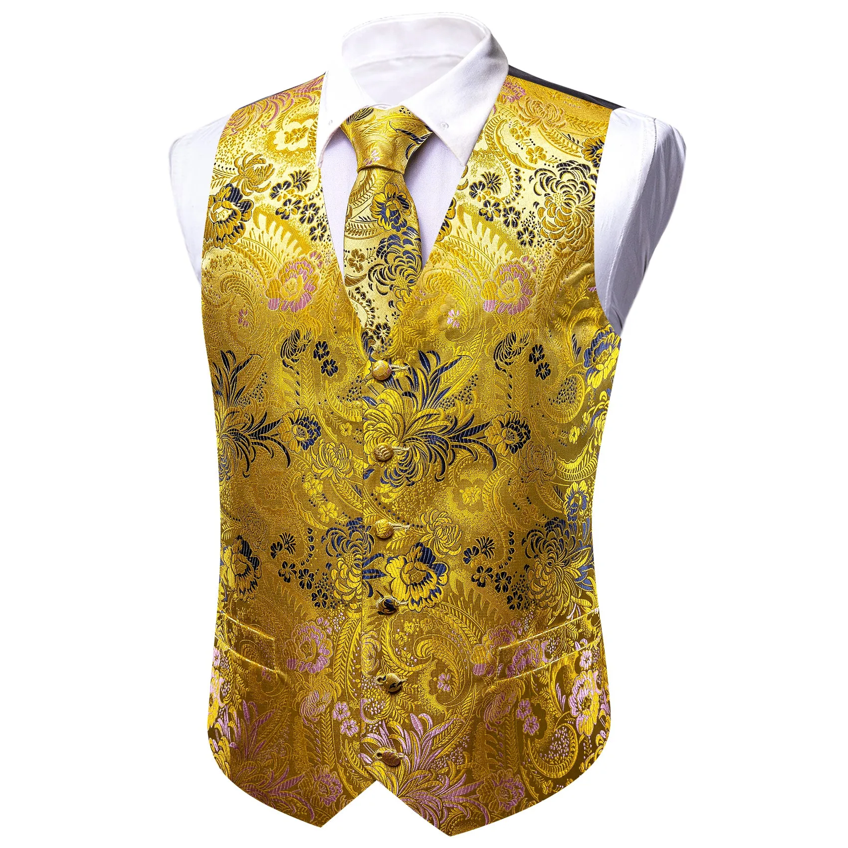 Barry. Wang Formal Men Yellow Vest Paisley Floral Jacquard Dress Vest Wedding Suit Waistcoat Necktie Hanky Cufflinks Set 4PCS sold by Barrywang product image thumbnail 3