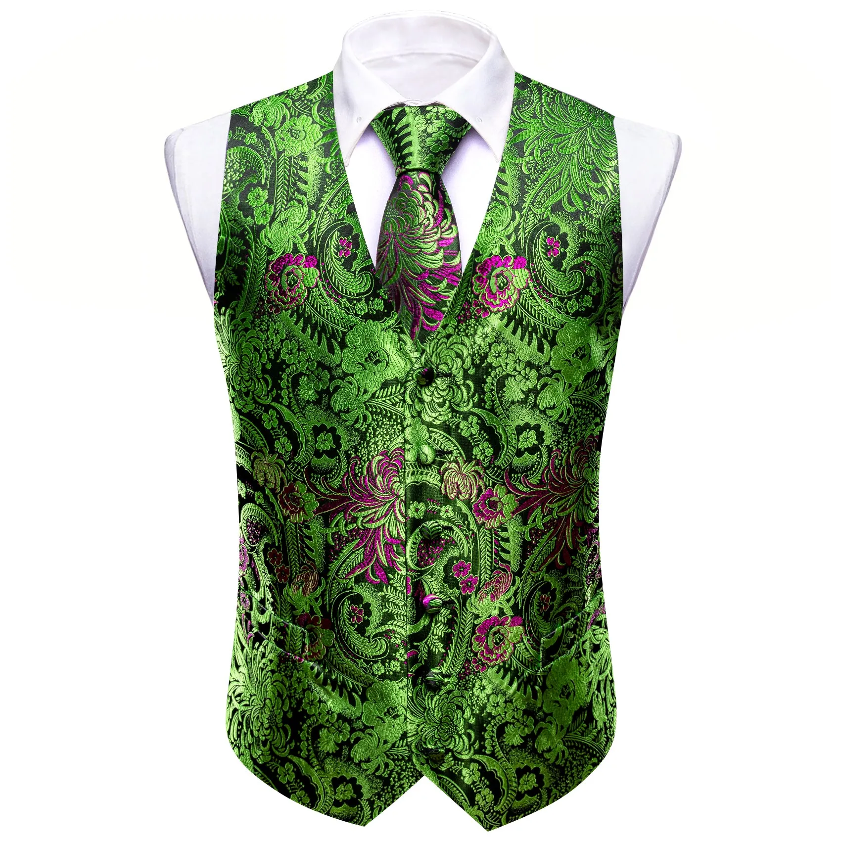 Barry. Wang Formal Men Green Vest Paisley Jacquard Dress Vest Wedding Suit Waistcoat Necktie Hanky Cufflinks Set 4PCS sold by Barrywang product image thumbnail 4
