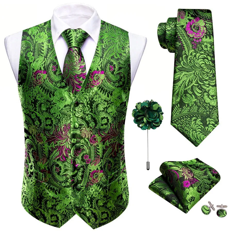 Barry. Wang Formal Men Green Vest Paisley Jacquard Dress Vest Wedding Suit Waistcoat Necktie Hanky Cufflinks Set 4PCS sold by Barrywang product image thumbnail 2