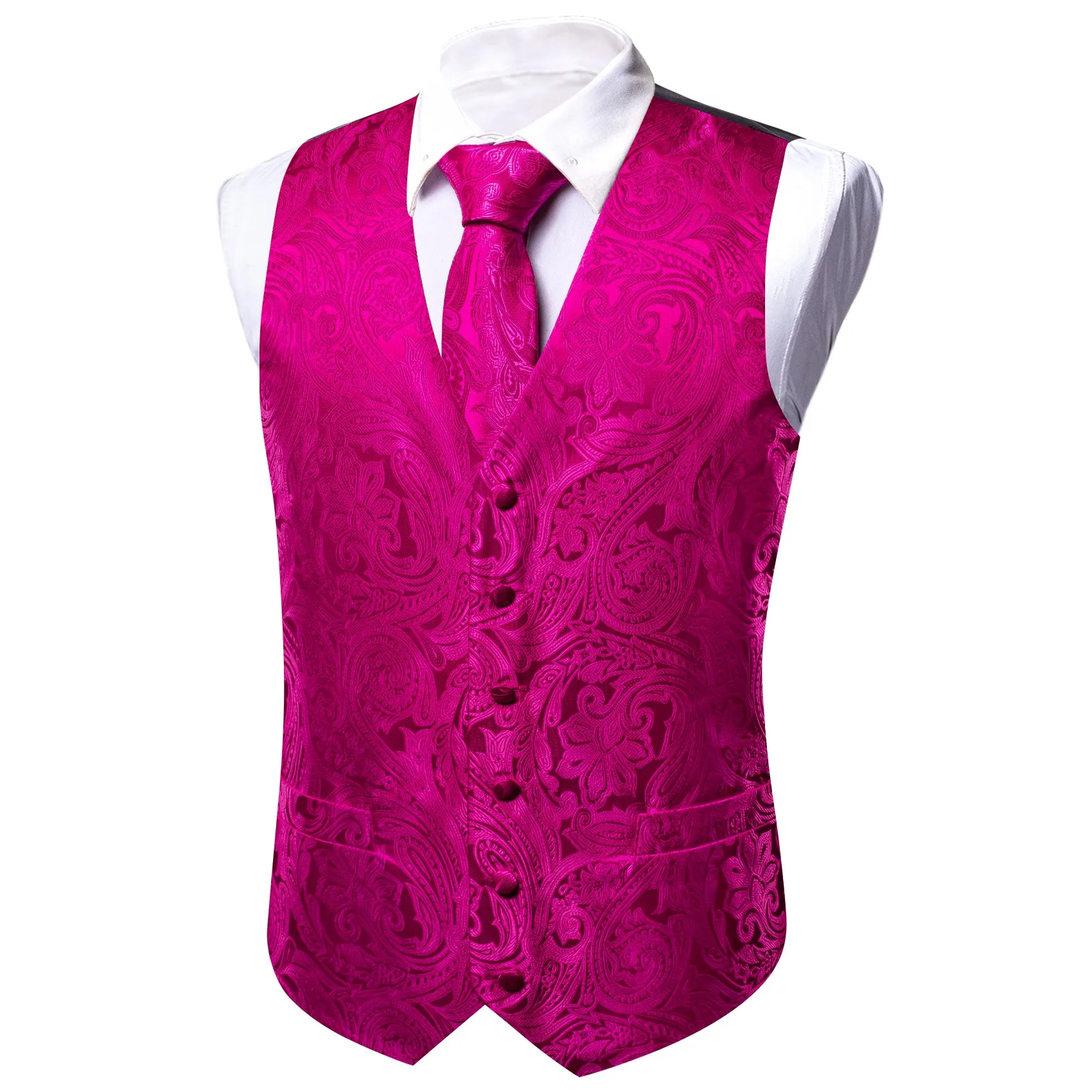 Barry. Wang Mens Hot Pink Suit Waistcoat Silk Floral Jacquard Dress Vest Necktie Pocket Square Set for Wedding Party sold by Barrywang product image thumbnail 3
