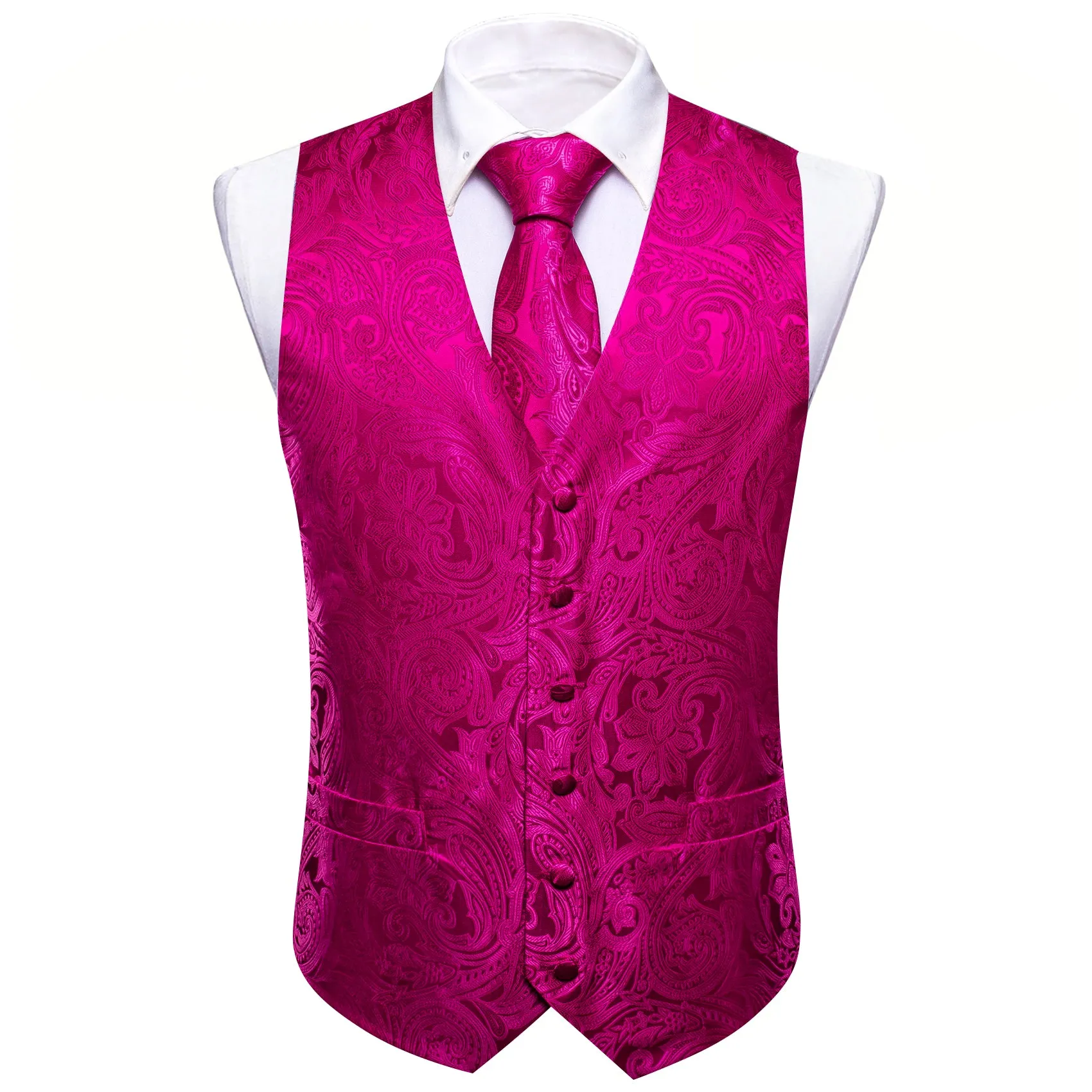 Barry. Wang Mens Hot Pink Suit Waistcoat Silk Floral Jacquard Dress Vest Necktie Pocket Square Set for Wedding Party sold by Barrywang product image thumbnail 2