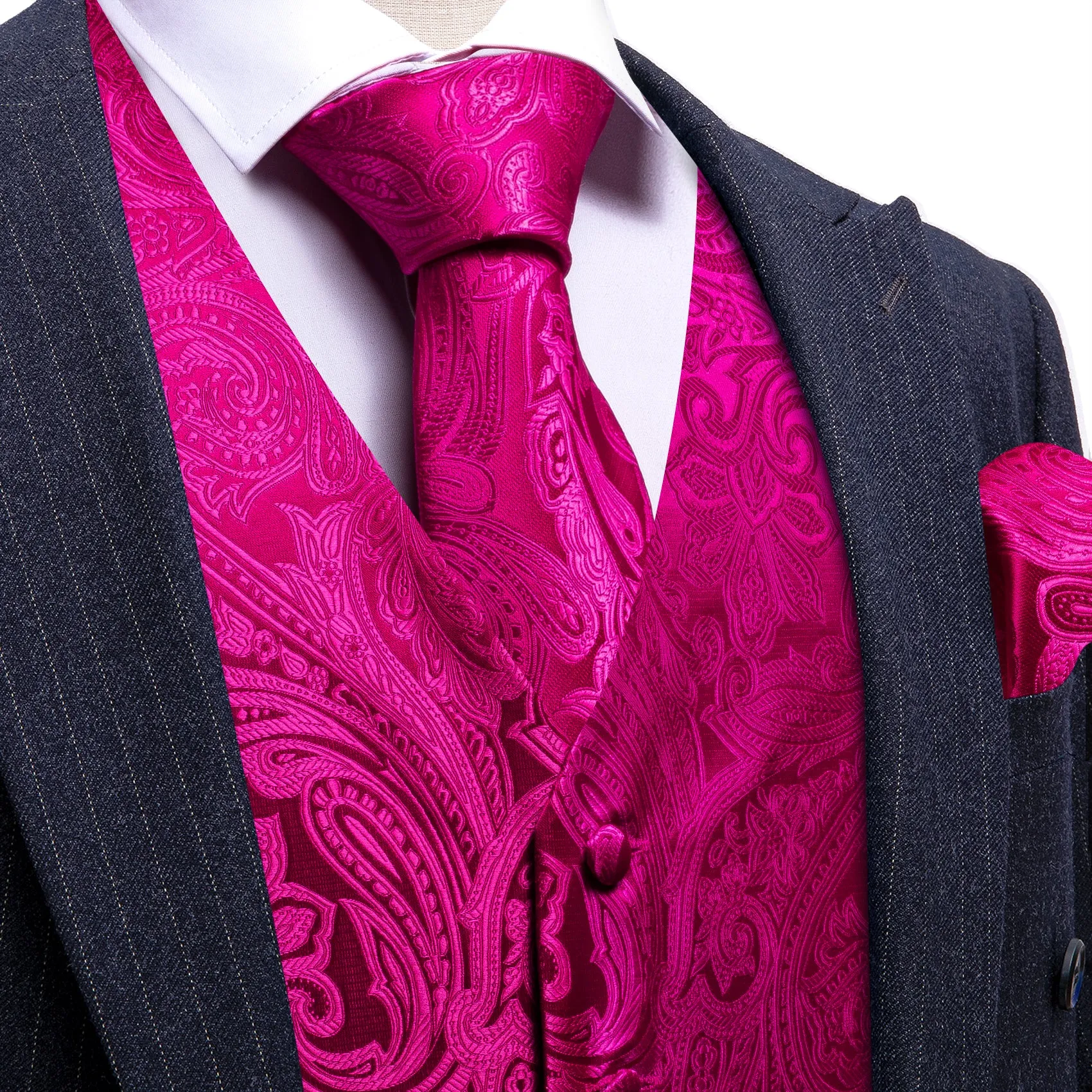 Barry. Wang Mens Hot Pink Suit Waistcoat Silk Floral Jacquard Dress Vest Necktie Pocket Square Set for Wedding Party sold by Barrywang