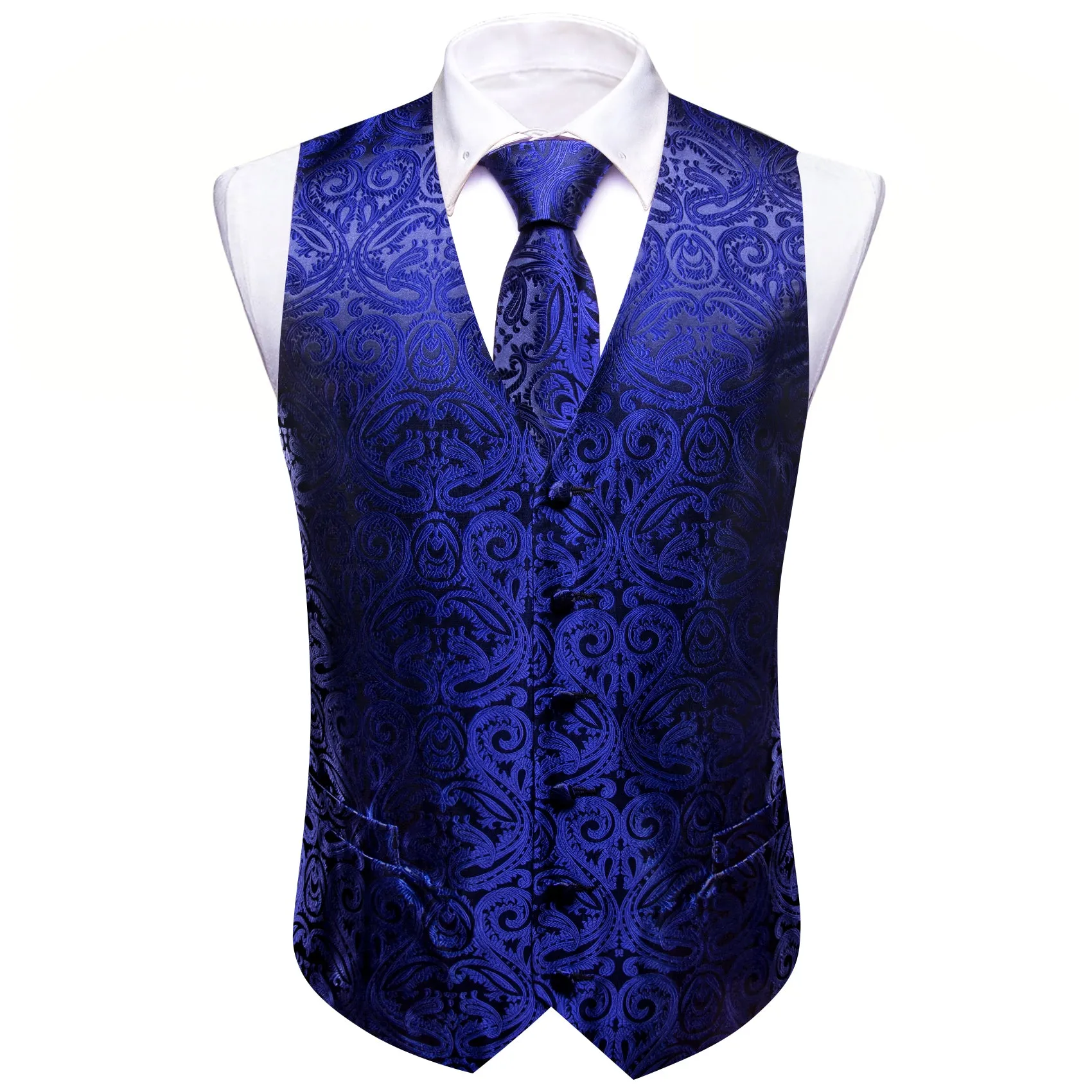 Barry. Wang Mens Royal Blue Vest Suit 4PCS Silk Paisley Vest Necktie Pocket Square Cufflinks Set Business Woven Waistcoat for Suit Tuxedo sold by Barrywang product image thumbnail 4