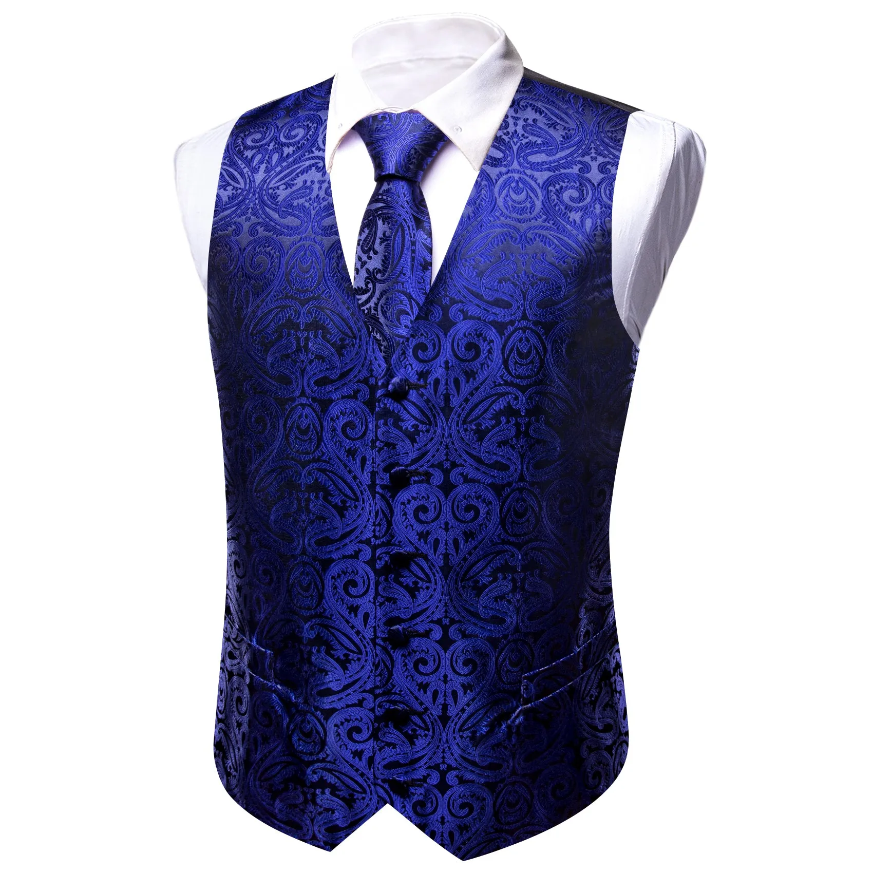 Barry. Wang Mens Royal Blue Vest Suit 4PCS Silk Paisley Vest Necktie Pocket Square Cufflinks Set Business Woven Waistcoat for Suit Tuxedo sold by Barrywang product image thumbnail 5
