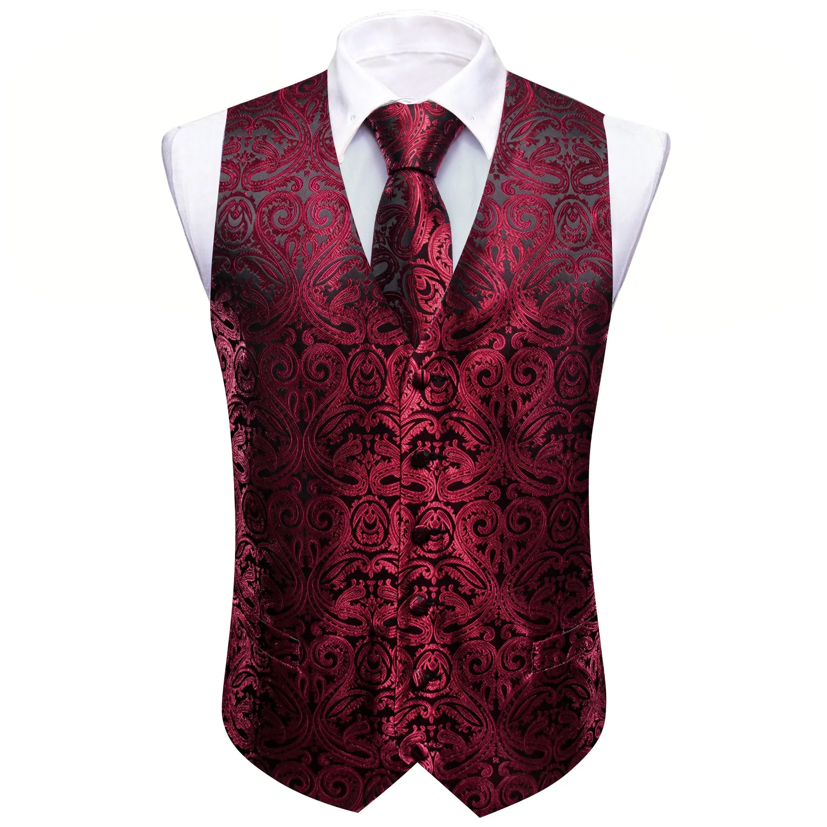 Barry. Wang Mens Burgundy Vest Suit 4PCS Silk Paisley Vest Necktie Hanky Cufflinks Set Business Woven Waistcoat for Suit Tuxedo sold by Barrywang product image thumbnail 2